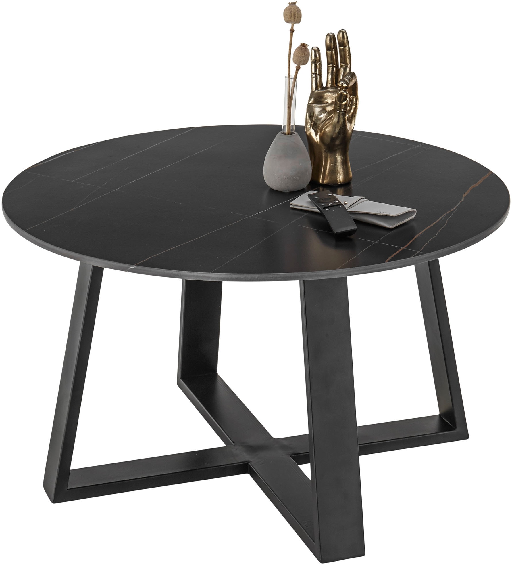 Stolkom Couchtisch »Tanea Wohnzimmertisch Keramik rund Schwarz gemasert BxHxT 110x40x70 cm«, Keramikoberfläche schwarz gemasert, Untergestell Metall schwarz