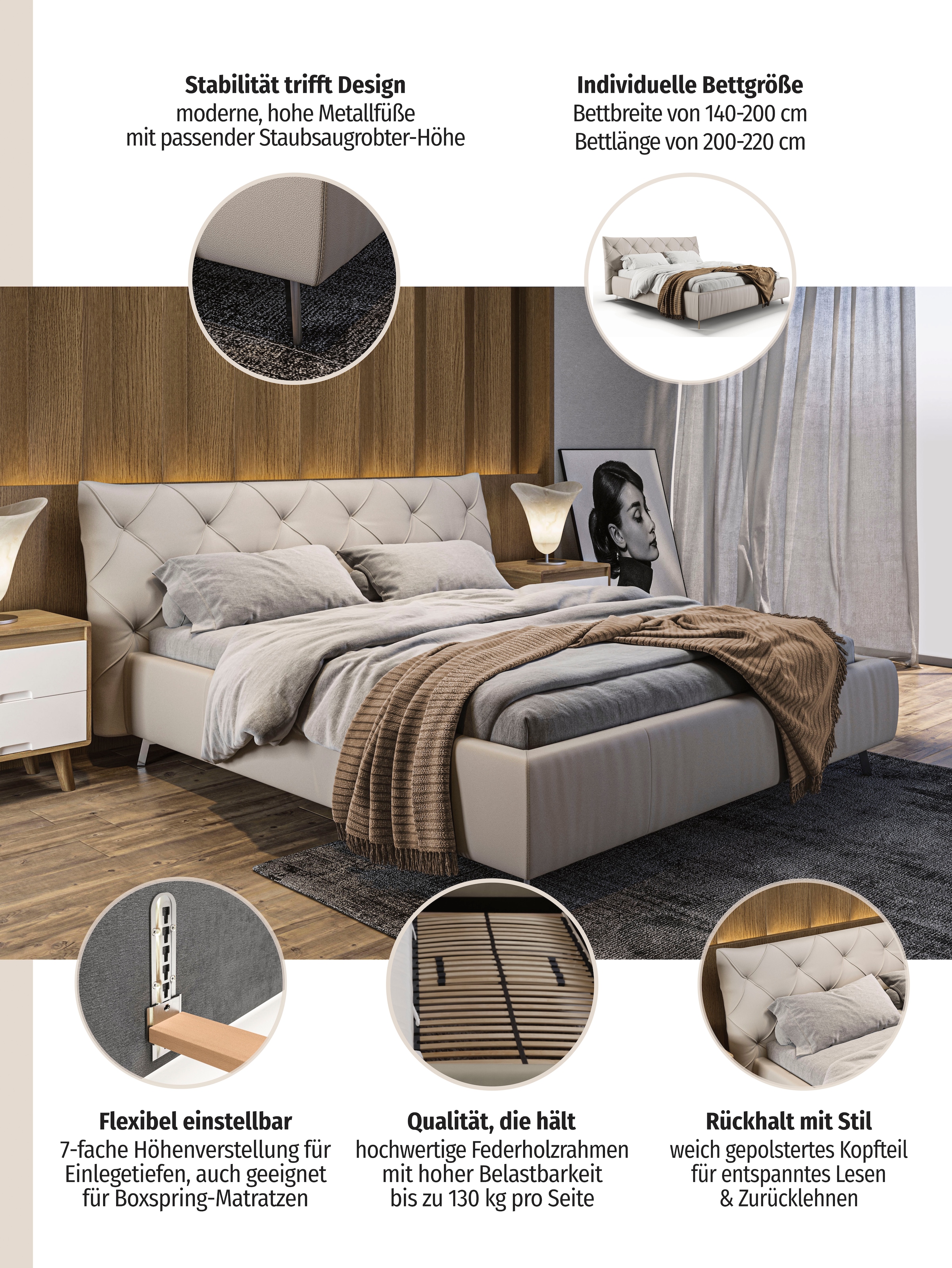Home affaire »Elloree, in 4 Breiten bis 200cm, auch in Leder« Kopfteilhöhe 105 cm, belastbar bis 280 kg, auch in Überlänge 220cm
