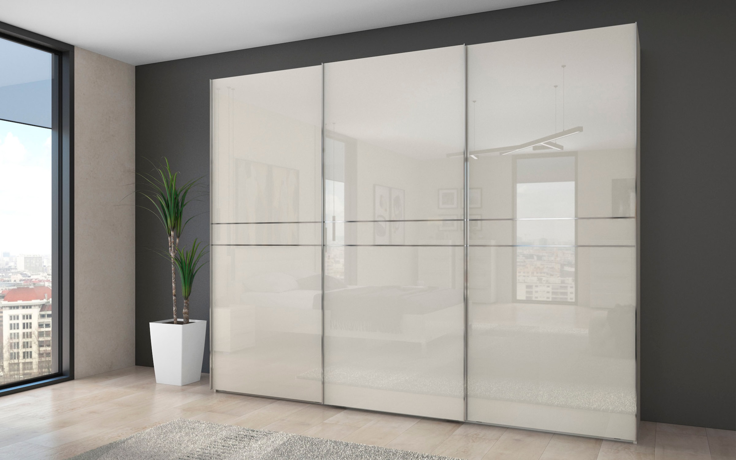 Places of Style Schwebetürenschrank »Piano, FSC-zertifiziert, mit Einlegeböden und Kleiderstangen«, (in 3 Breiten, 224cm hoch, mit verchromten Aufleistungen), UV lackiert, hochglänzend, mit Soft-Close Funktion, in beige oder weiß