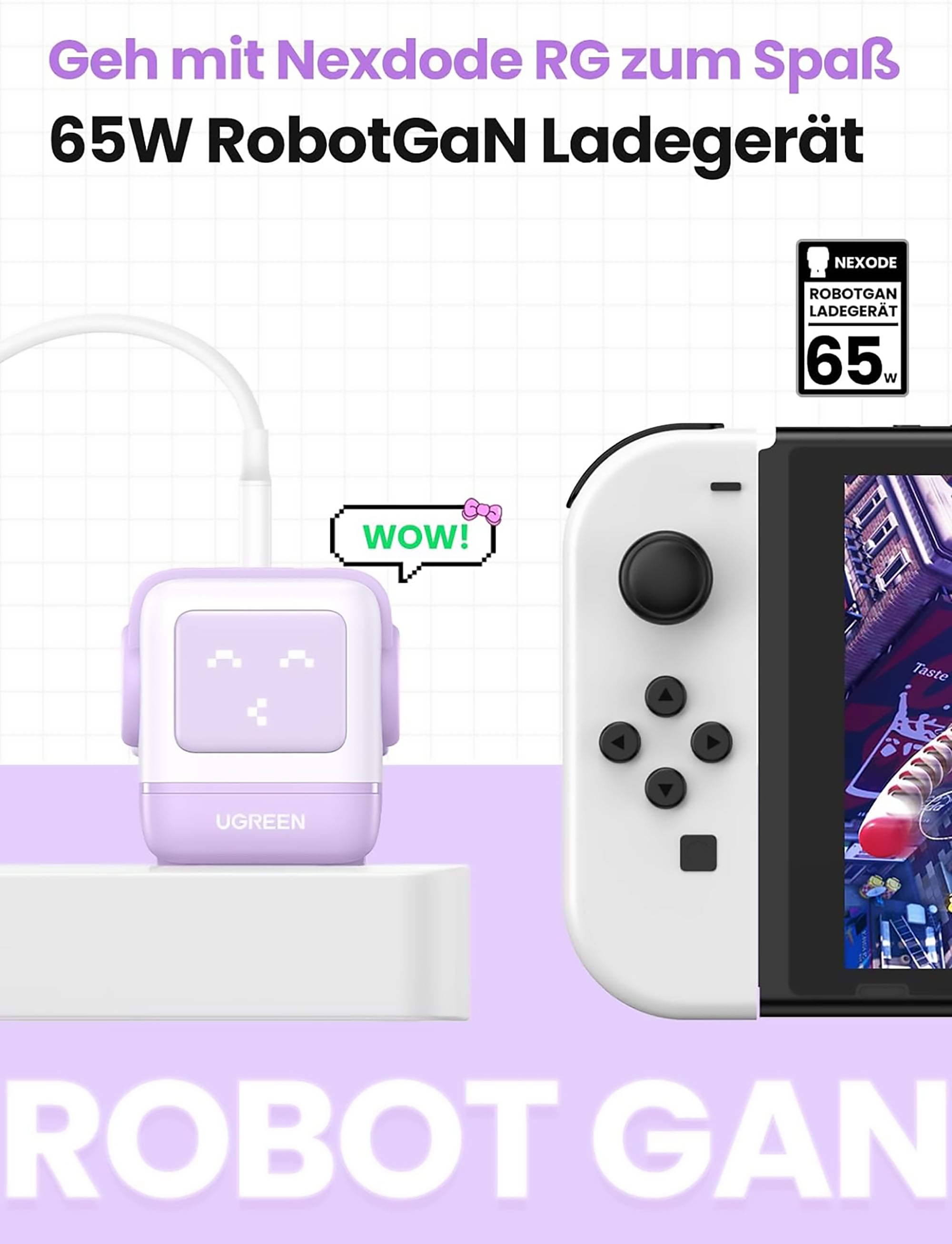 UGREEN USB-Ladegerät »UGREEN Uno Robot GaN Tech 65W USB-A+2*USB-C Fast Charger«, Roboter-Form mit LED-Anzeige und magnetischem Fuß