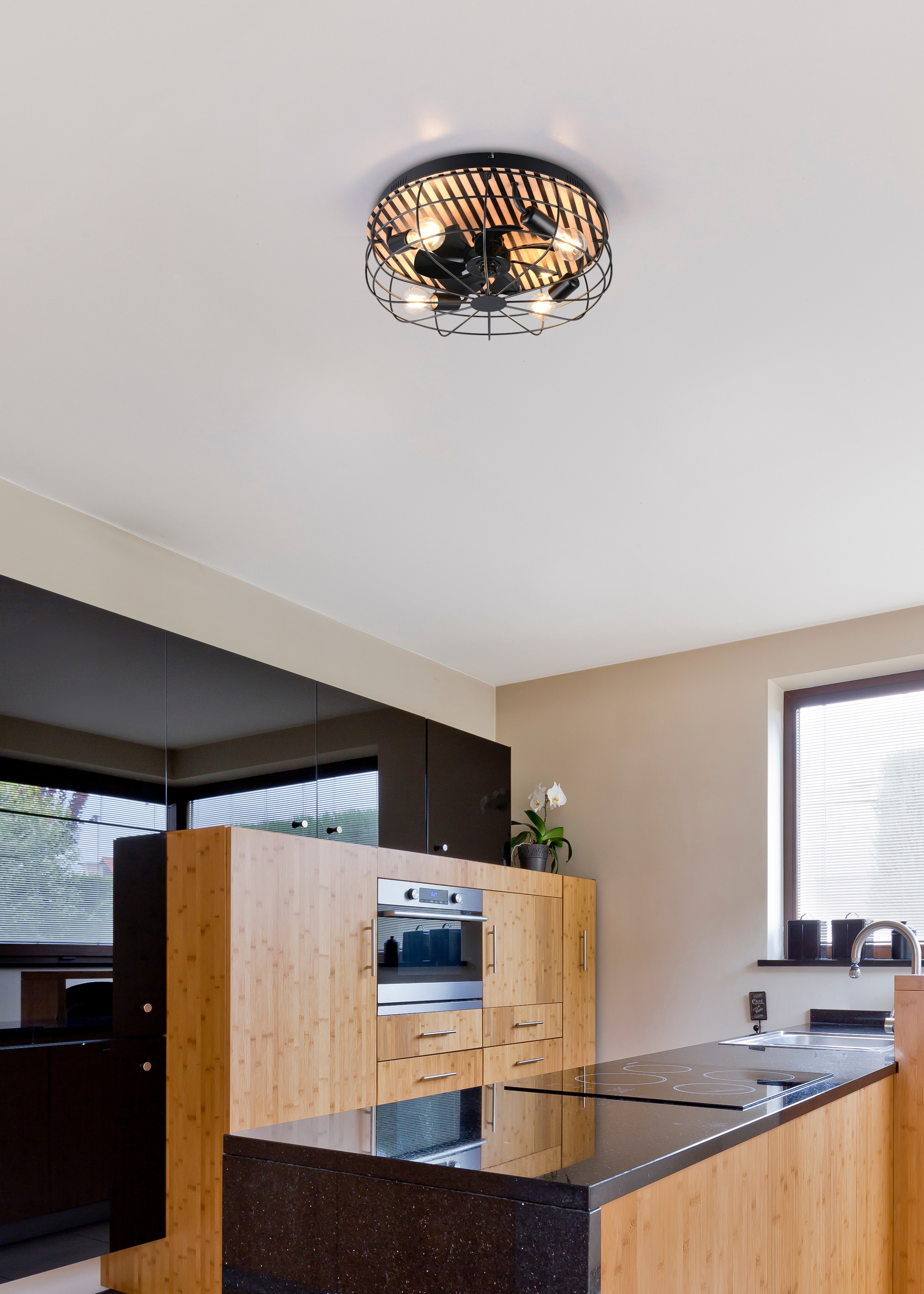 OTTO home Deckenleuchte »Norran mit Ventilator, Deckenventilator mit Licht exkl 4x E27 max 10W« E27 1 Stk. warmweiß - kaltweiß Holzstreifen Optik Akustikpaneel, Fernbedienung, 3 Stufen + Timer