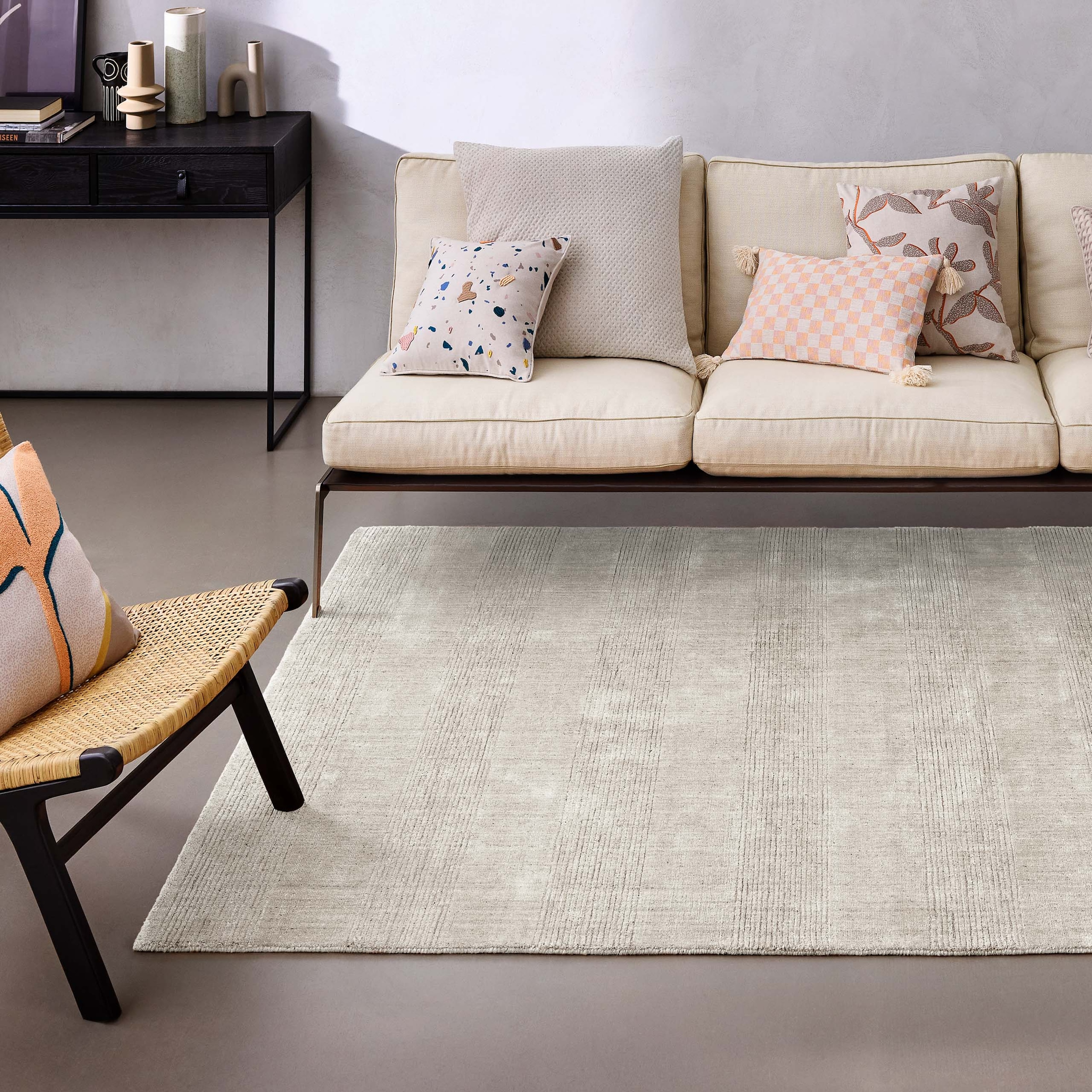 Wecon home Teppich »Seattle« rechteckig 11 mm Höhe Kurzflorteppich, handgewebt, TENCEL & Schurwolle, Streifen, Wohnzimmer