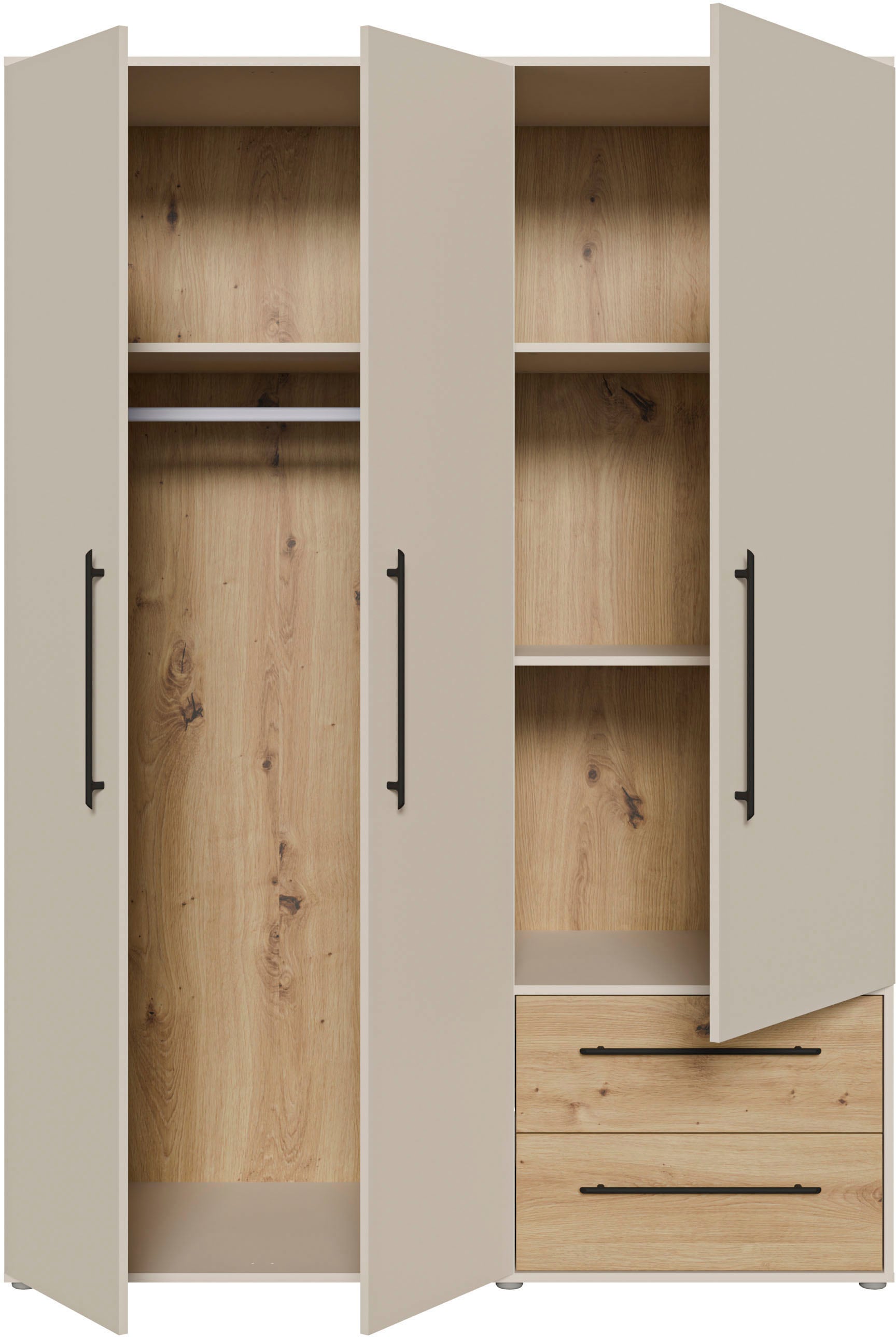 FORTE Kleiderschrank »Mokkaris , zeitloses Design, 3–4 Türen, Made in Europe« B/H/T ca. 145x200x59cm oder 206x200x59cm,  Schubladen + schwarze Stangengriffe, Made in Europe, viel Stauraum