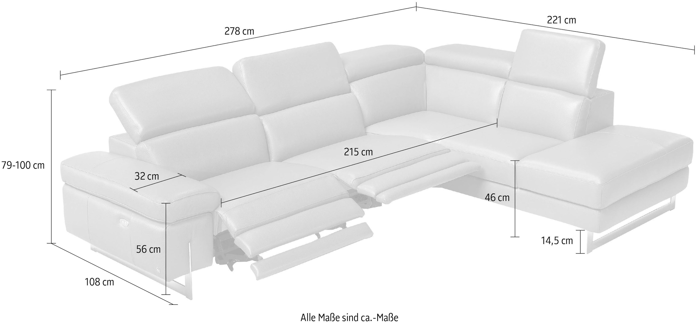 Egoitaliano Ecksofa »Candice, elegant, edel und bequem, erstklassiger Sitzkomfort, L-Form« inkl. 2 elektrischer Relaxfunktionen, Bedienung über Taste an Armlehne
