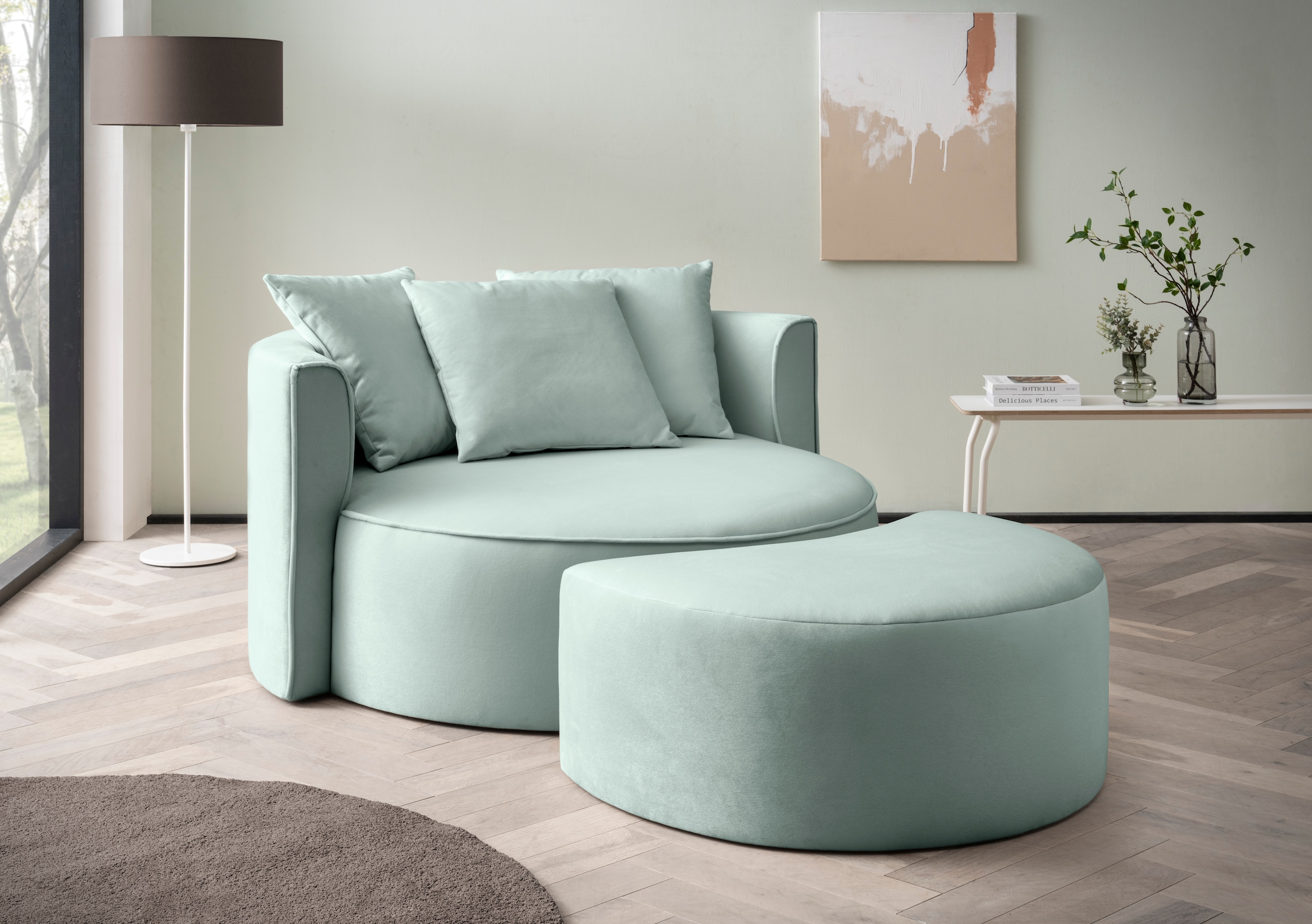 LeGer Home by Lena Gercke XXL-Sessel »ISALIE, Rundsessel mit Hocker, Lesesessel, Loveseat, Big-Sessel«, (Set), trendige Stoffe, 3 Zierkissen, große Sitzfläche, Cord, Samt, Bouclé