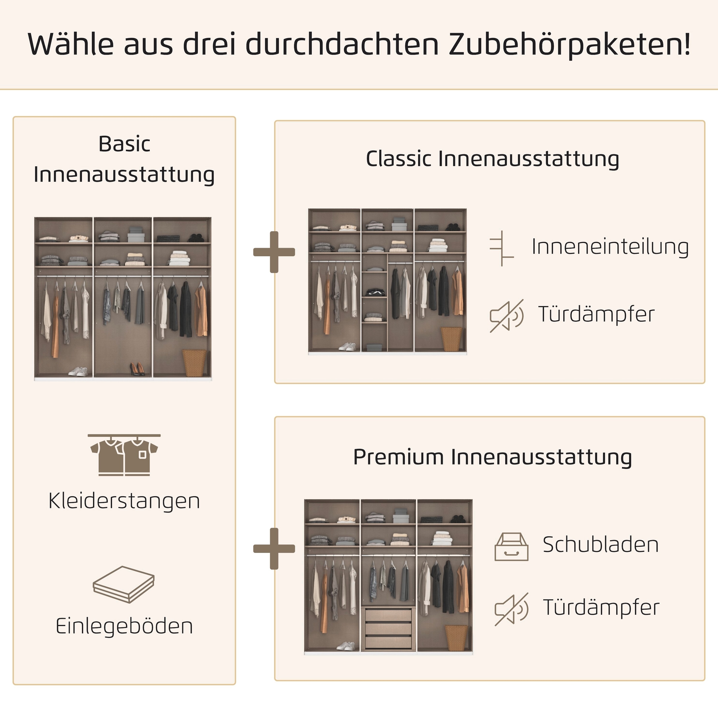 rauch Kleiderschrank »Schwebetürenschrank Schrank Garderobe Ankleide Schlafzimmer TARO« in 3 verschiedenen Ausstattungen BASIC/CLASSIC/PREMIUM (SOFT-CLOSE),  4 Breiten, optional Passepartout mit/ohne Beleuchtung MADE IN GERMANY