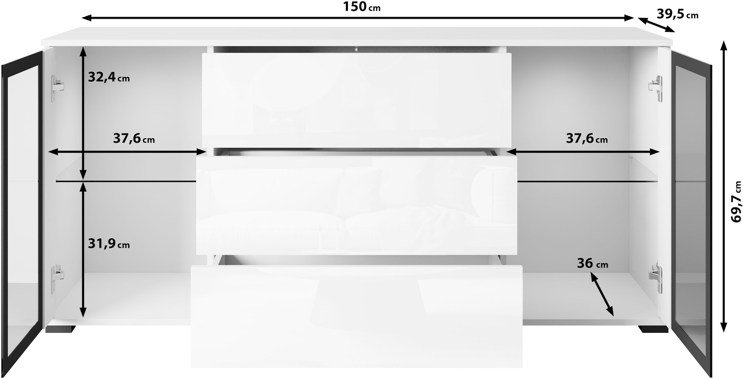 INOSIGN Sideboard »modernes Design mit Glaseinsätzen und 3 Schubladen, Breite 150 cm«, (1 St.), Grifflose Fronten mit Push-to-Open, höhenverstellbare Einlegeböden