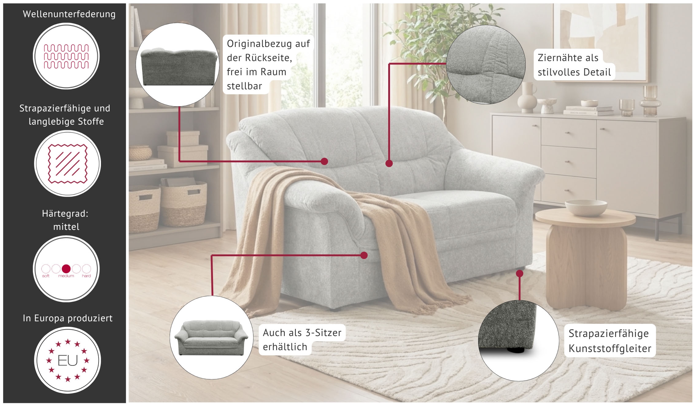 OTTO home 2-Sitzer »Nyborg 146 cm breit, pflegeleicht, formschön, stabil« aus pflegeleichtem, weichem Luxus-Microfaser