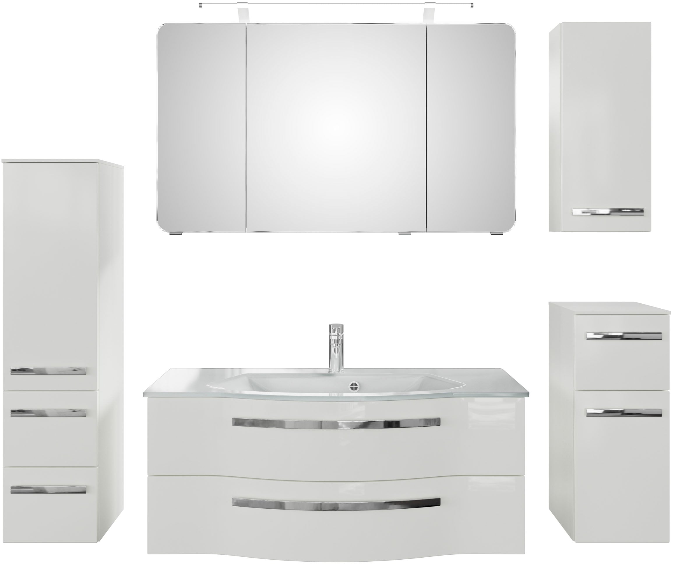 Saphir Badmöbel-Set »Serie 4005, vormontiert, Glaswaschbecken, Spiegelschrank«, (Set, 6 St.), Badezimmer-Set mit Unterschrank, Hängeschrank, Midischrank, Türdämpfer