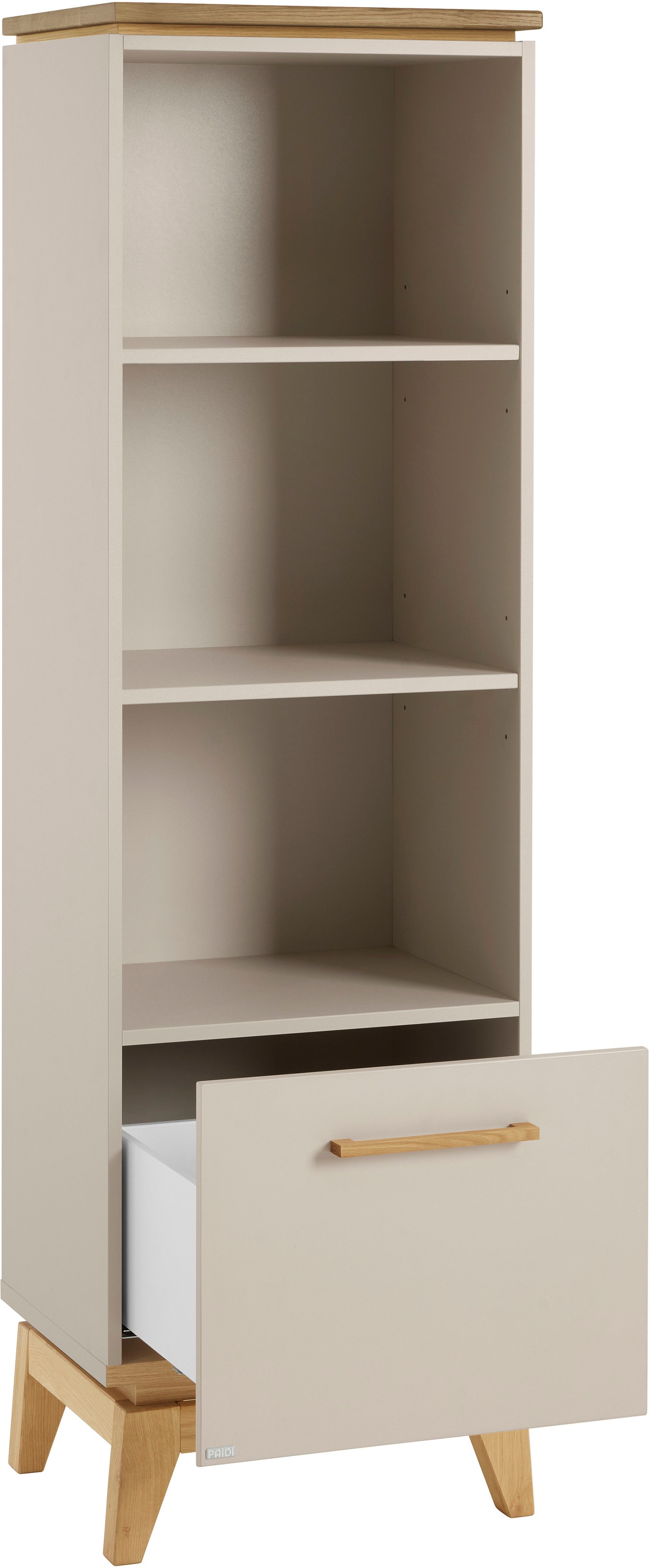 PAIDI Standregal »STIENE in Beige oder Grau, 3 offene Fächer, 1 Schublade mit Soft-Close« B/H/T ca. 48/161/40cm,  modernes und langlebiges Regal mit Massivholz, Highboard