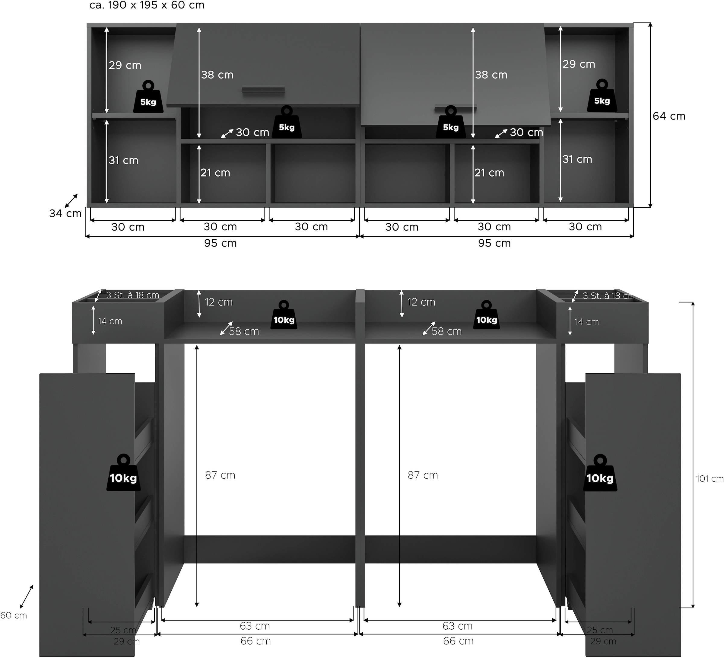 welltime Badmöbel-Set »FALAS,  6-teilig, Hauswirtschaftsraum Set, Breite 190 cm« Set, 2x Waschmaschinenumbauschrank, 2x Standregal & 2x Hängeschrank, 6 Stk. tlg.