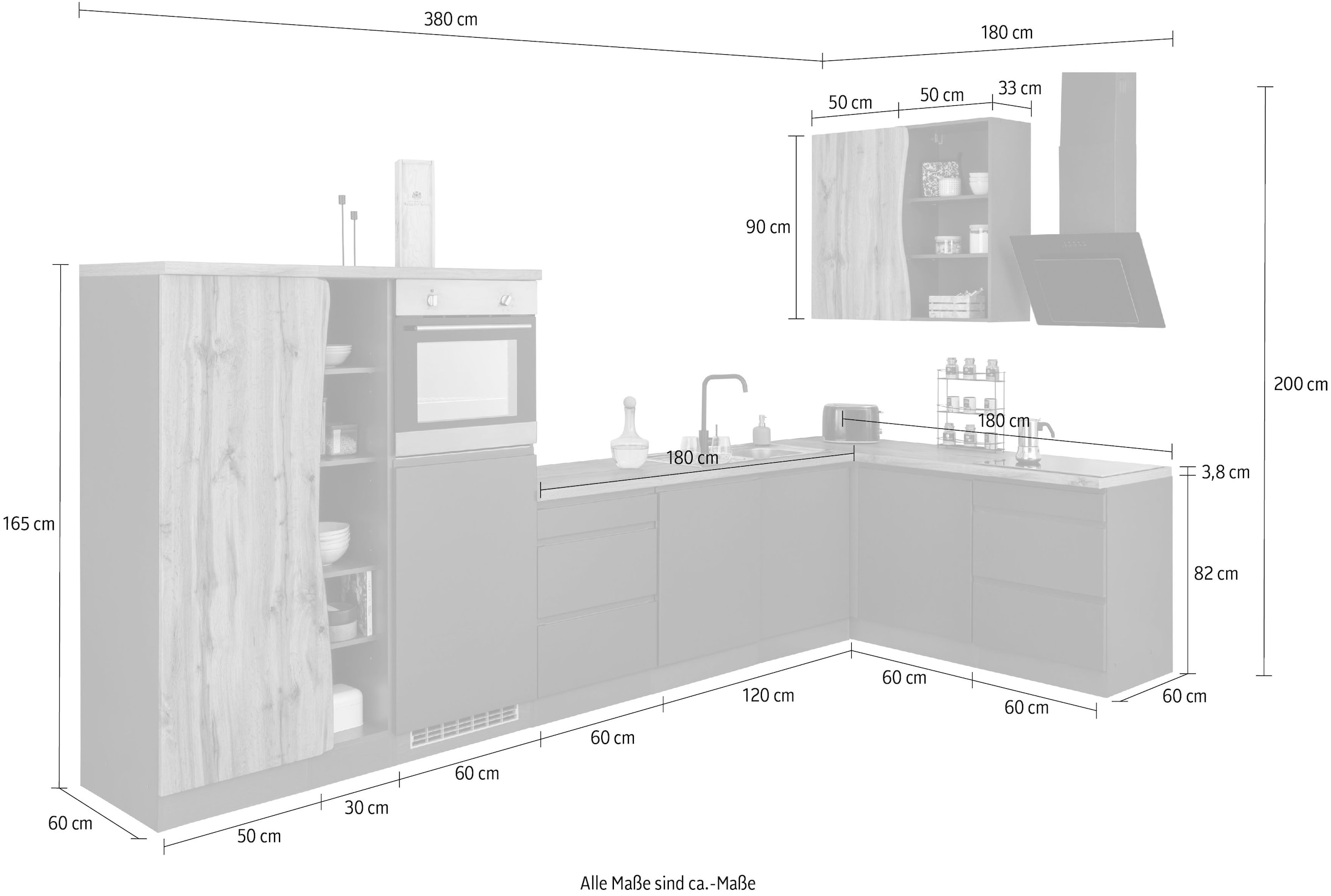 KOCHSTATION Winkelküche »KS-Bruneck«, Stellbreite 380/180 cm breit, ohne E-Geräten, MDF Fronten