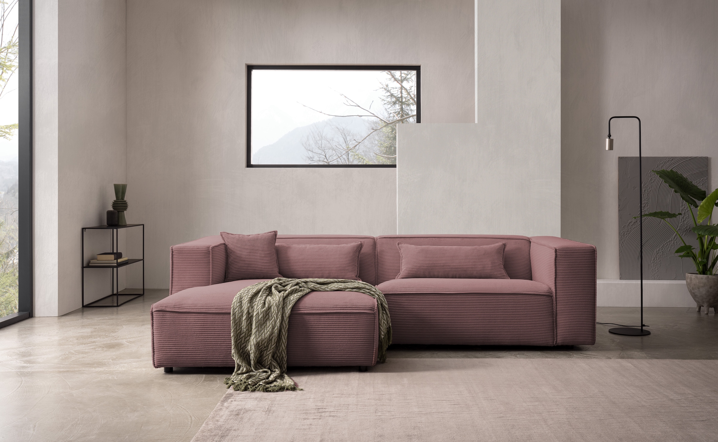 LeGer Home by Lena Gercke Ecksofa »PIARA mit Kedernaht in Cord oder Leinenoptik, moderne Couch in L-Form«, wahlweise Ottomane rechts/links, schwarze Füße, bequemer Sitzkomfort