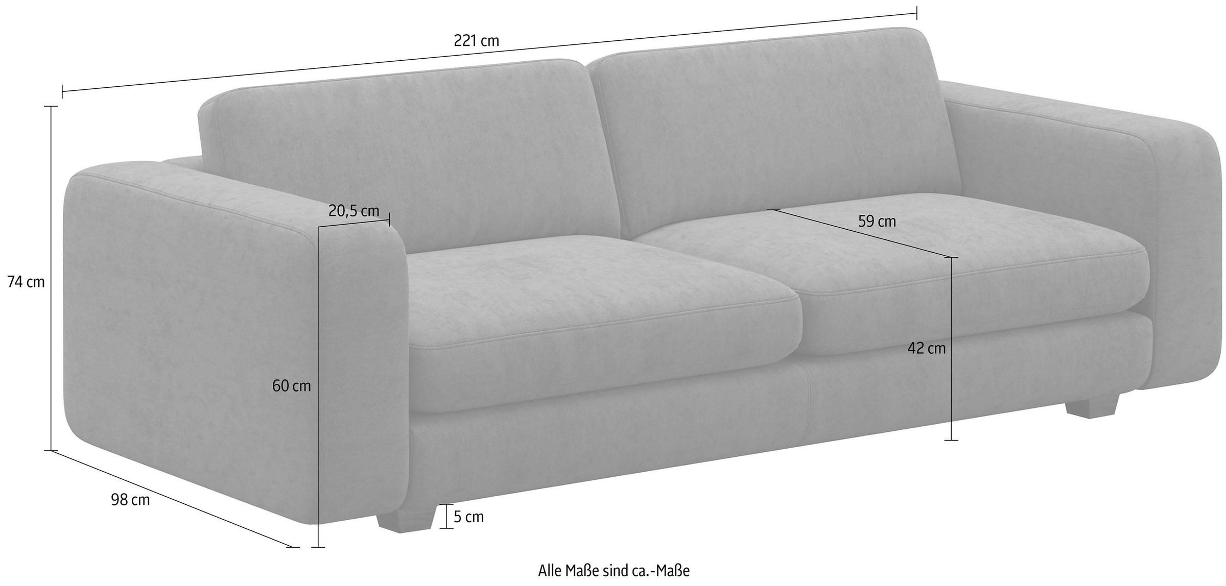 machalke® 3-Sitzer »valentino«, mit breiten Armlehnen, Füße Walnuss, Breite 221 cm
