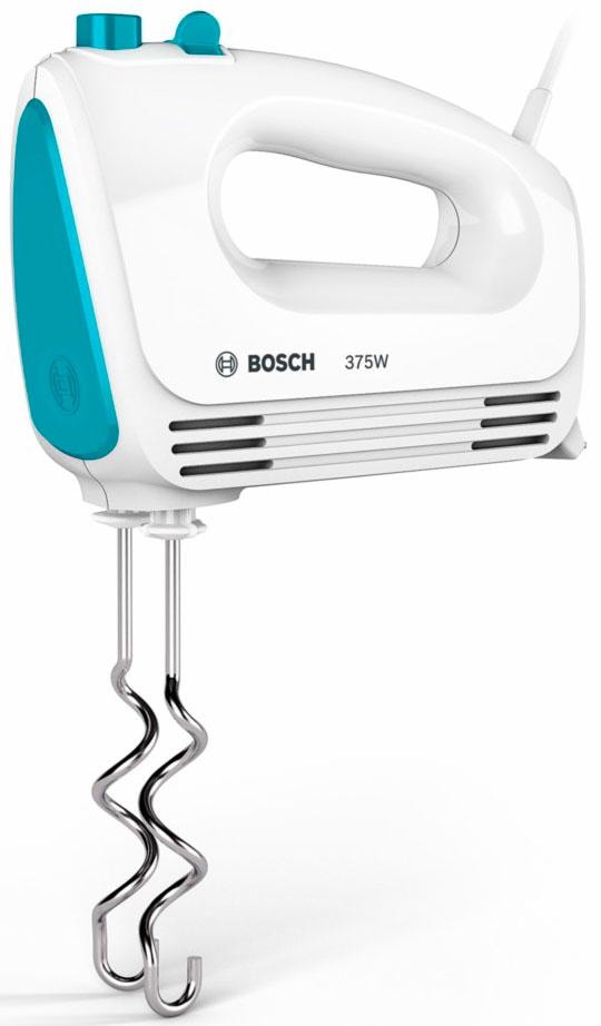BOSCH Handmixer »CleverMixx MFQ2210D, Edelst. Rührbesen/Knethaken, 4 Stufen, weiß/blau«, 375 W, Auswurftaste, leichtes Gehäuse, Made in Europe