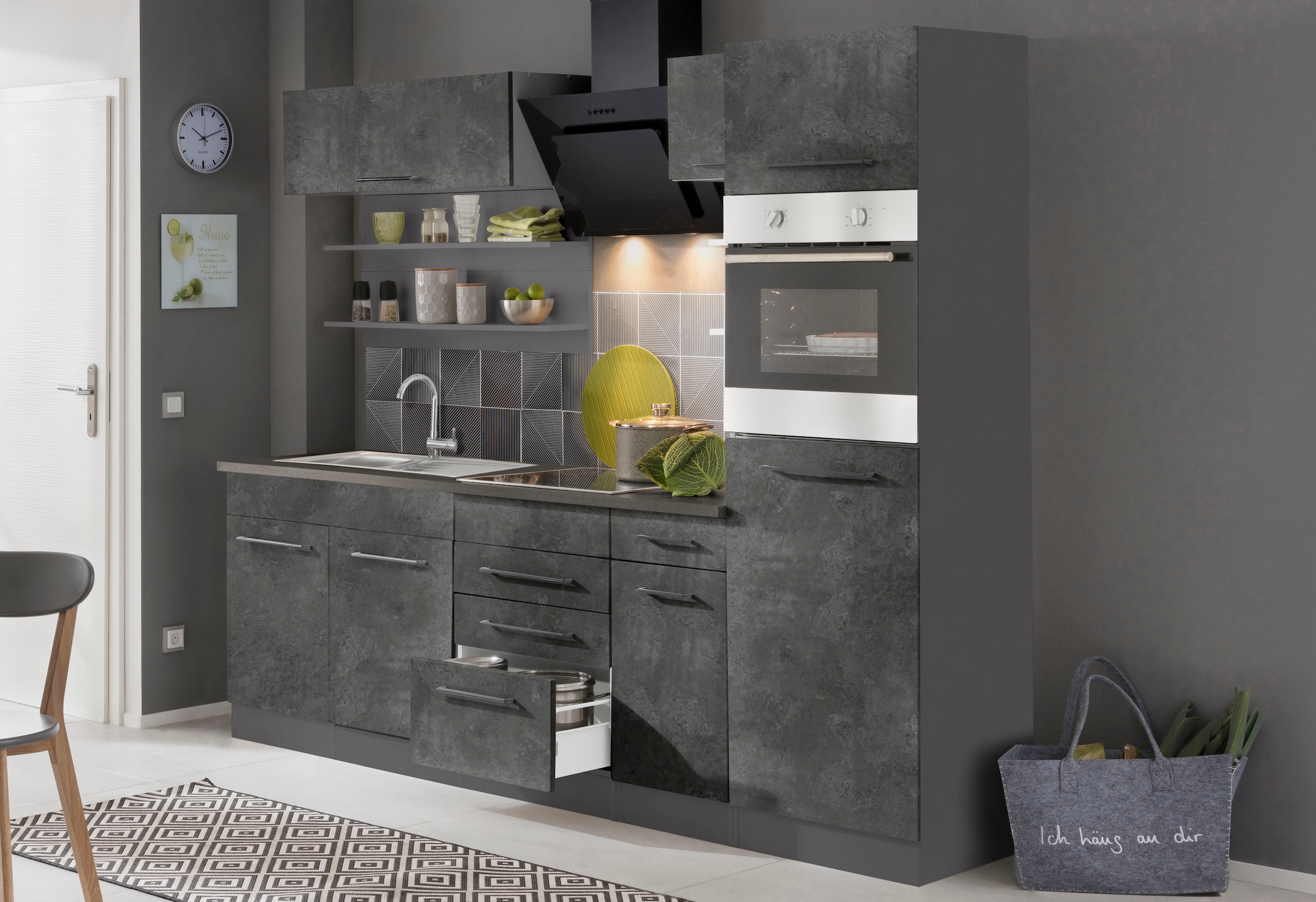 KOCHSTATION Küchenzeile »KS-Tulsa« mit E-Geräten, Breite 330 cm, schwarze Metallgriffe, MDF Fronten