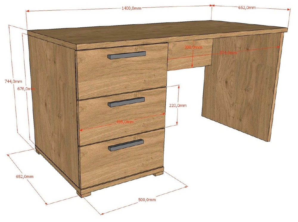 Vipack Schreibtisch »SAM mit pflegeleichter Melamin Oberfläche universell einsetzbar« (B/H/T ca.: 140x74,4x65,2 cm) mit 3 geräumigen Schubladen,  großer Arbeitsbereich (140x65 cm), Ausf. In wohnlichem Eiche Dekor