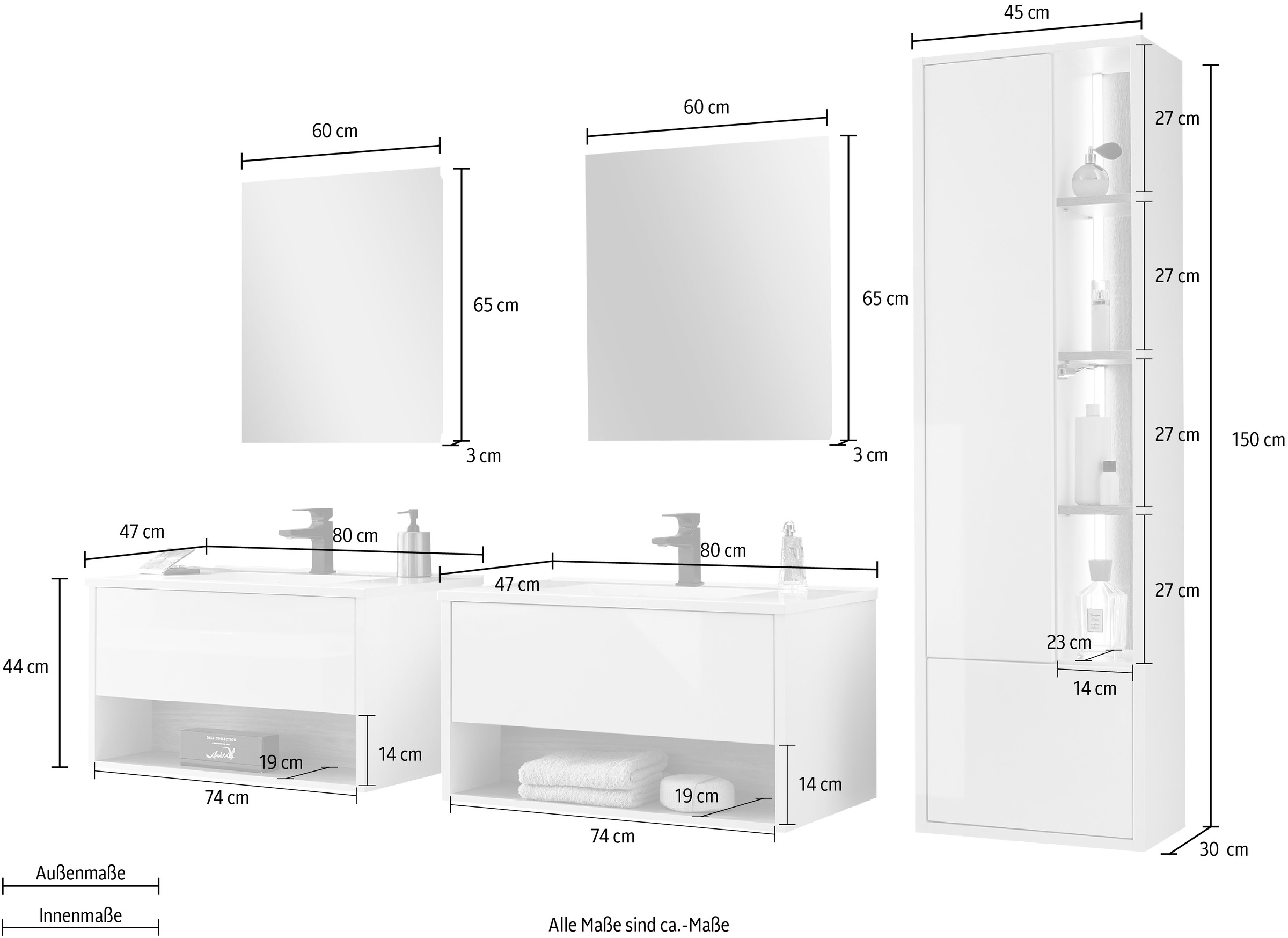 Places of Style Badmöbel-Set »Studio Line, Bad im modernen Design, 5-teiliges Badezimmer«, (5 St.), Schrank, Waschtisch und Spiegel, in zwei Farben verfügbar, Stauraum