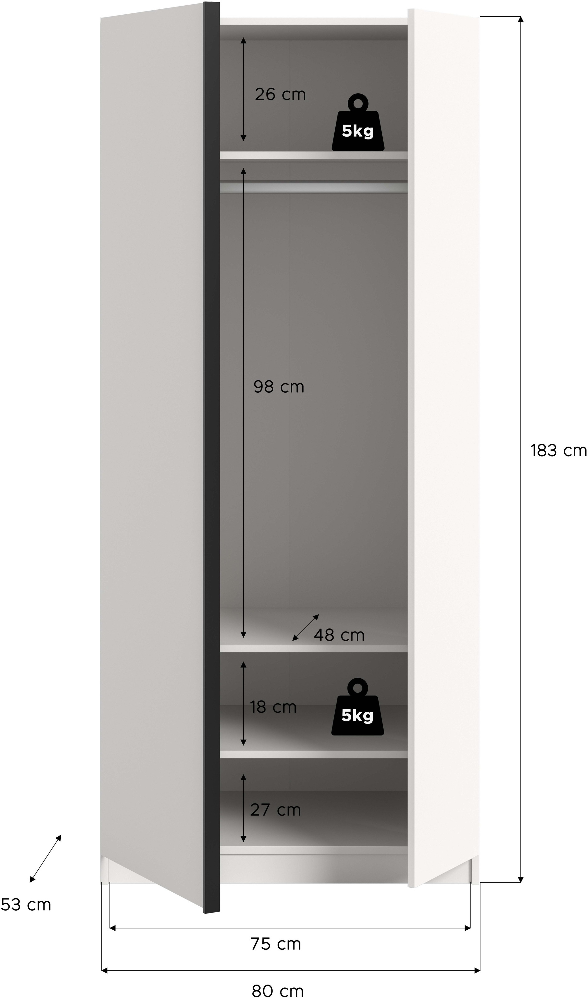 Home affaire Kleiderschrank »BENDINGO, TOPSELLER!, Schlafzimmerschrank, Schrank, Garderobenschrank«, (OTTO BESTSELLER, Garderobe & Schlafzimmer), Breite 80cm, weiß, 2-türig, inkl. 1 Kleiderstange und 3 Ablageboden