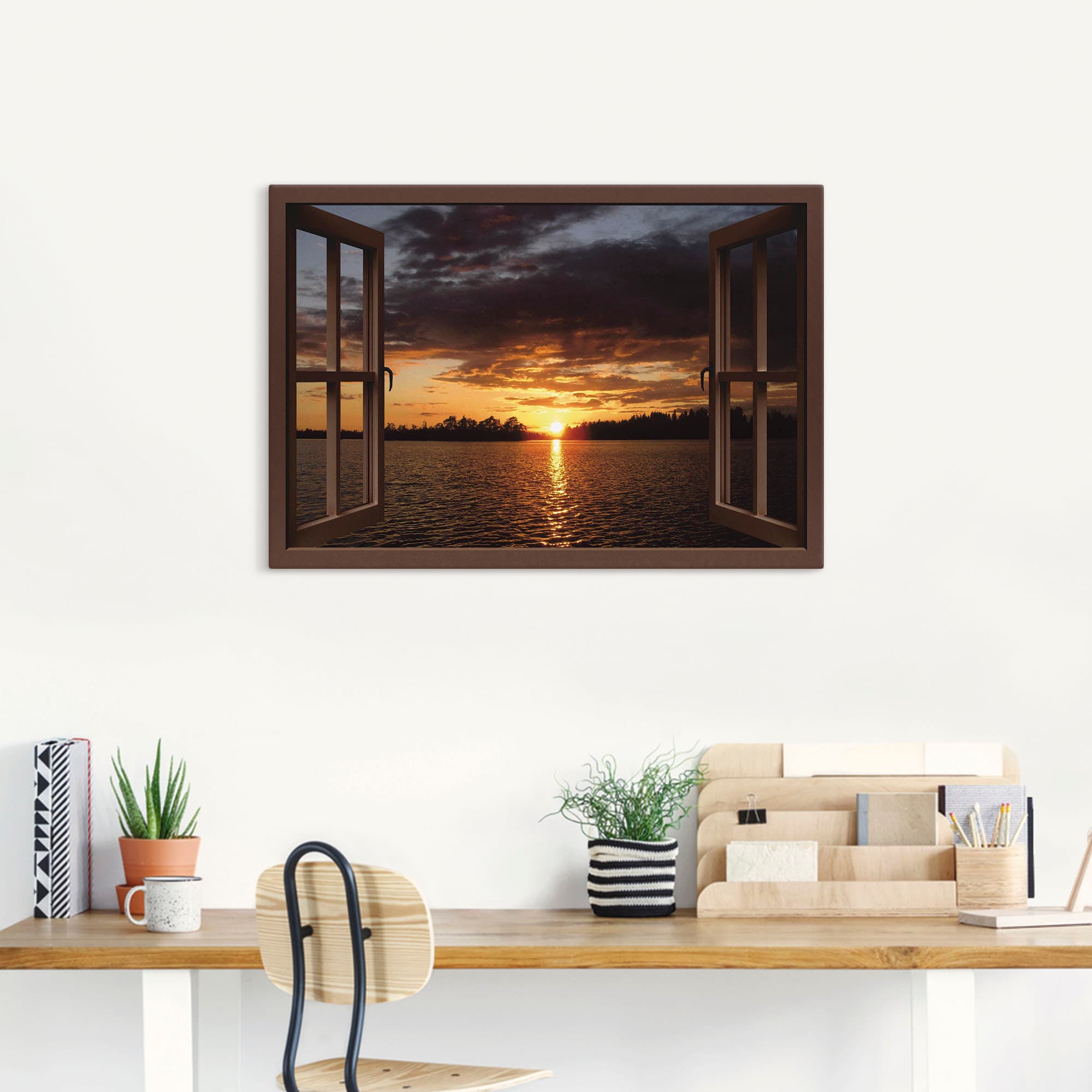Artland Wandbild »Sonnenuntergang am See mit Fenster«, Seebilder, (1 St.),  als Alubild, Leinwandbild, Wandaufkleber oder Poster in versch. Größen  kaufen online bei OTTO