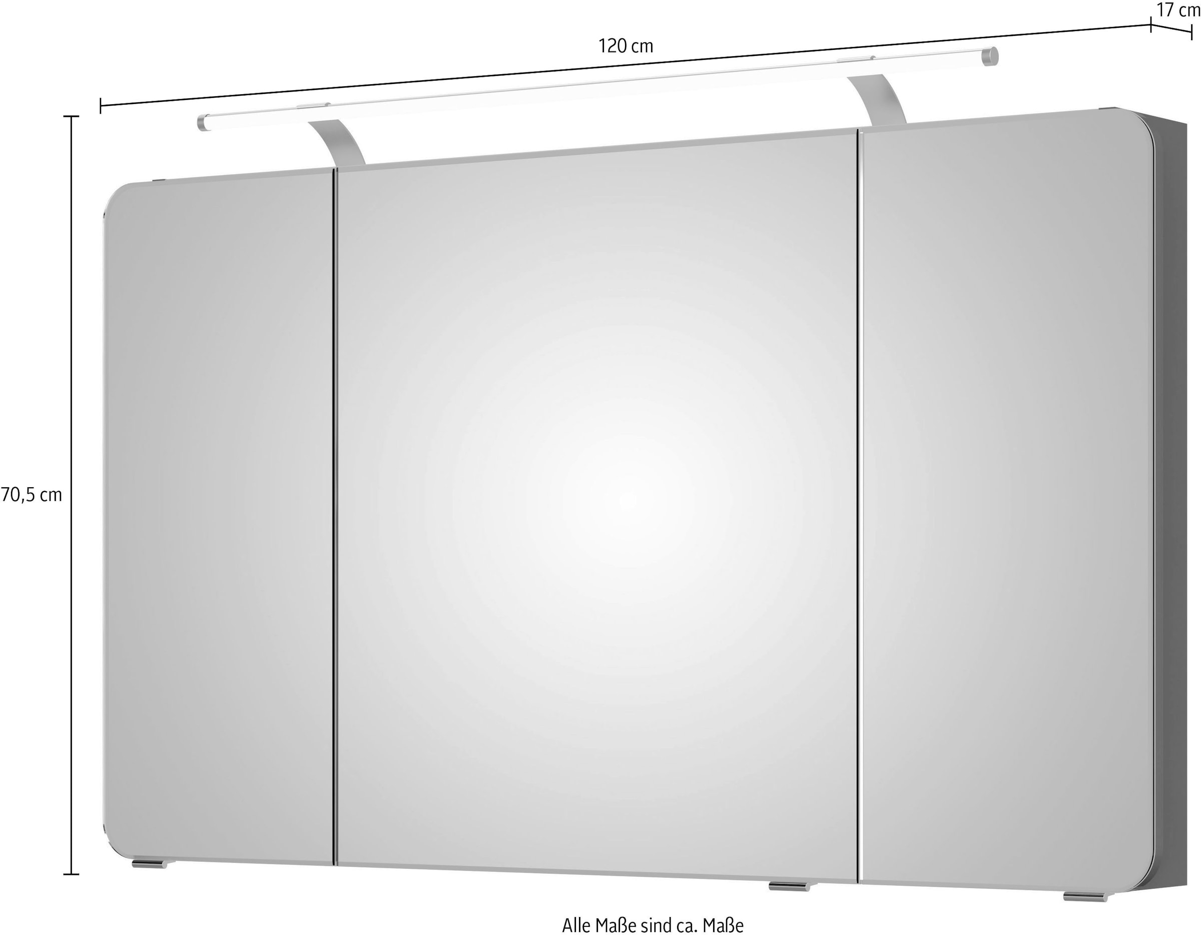 Saphir Spiegelschrank »Serie 4005 Badezimmer-Spiegelschrank inkl. LED-Aufsatzleuchte«, Badschrank 120 cm breit, 3 Türen, 6 Glas-Einlegeböden, inkl Türdämpfer