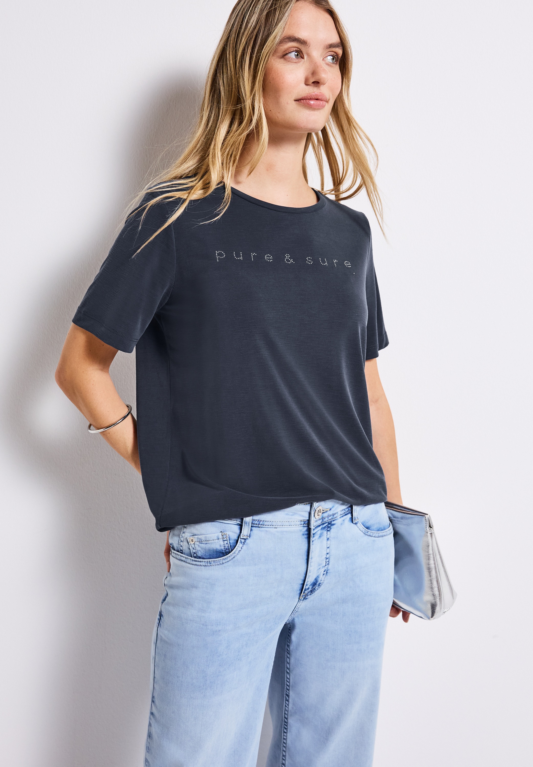 STREET ONE T-Shirt, mit Wording und Schmucksteinen