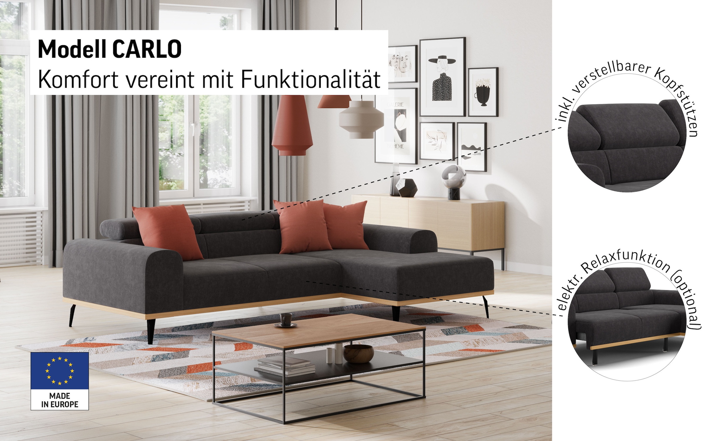 Places of Style Ecksofa »Carlo L-Form«, mit Kopfteilverstellung & Holz-Rahmenoptik, wahlweise Relaxfunktion