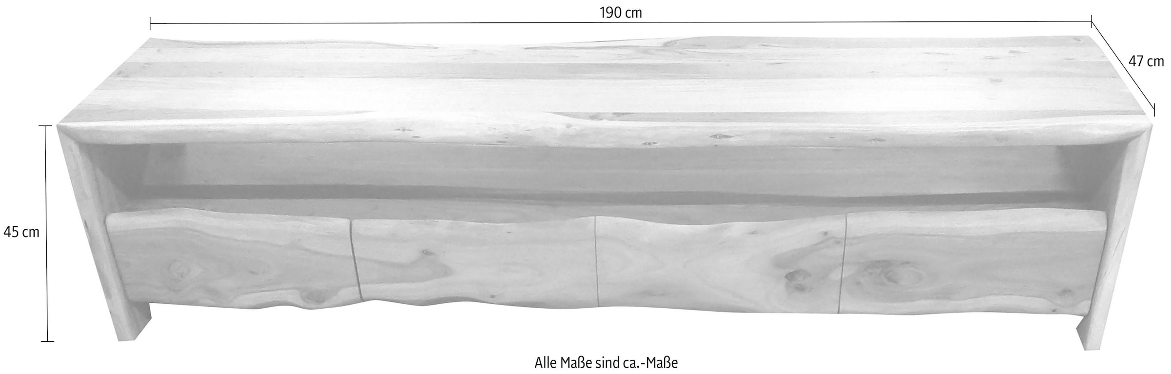 SIT Lowboard »Elba aus massiver Akazie mit Baumkante – 4 Schubladen & Unikat« 4 Schubladen & offenes Fach mit 183 cm Breite für viel Stauraum