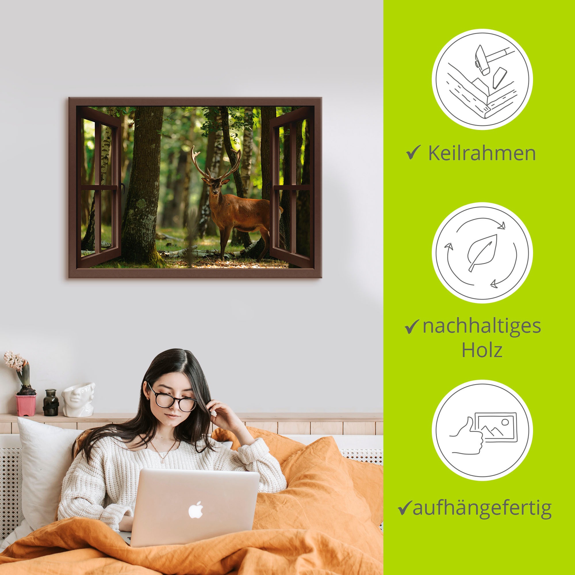 Artland Wandbild »Fensterblick - Hirsch 4 - Wald«, Fensterblick, (1 St.), als Leinwandbild, Wandaufkleber in verschied. Größen