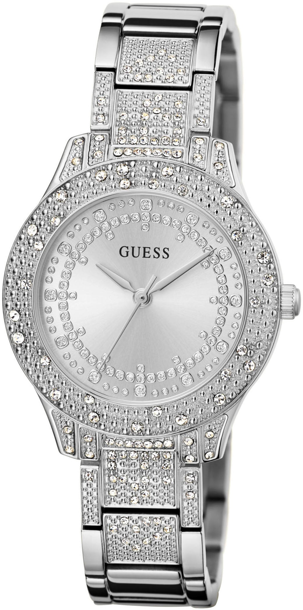 Guess Quarzuhr »SHOOTING STAR«, Armbanduhr, Damenuhr, Kristallsteine, Mineralglas, Edelstahlarmband