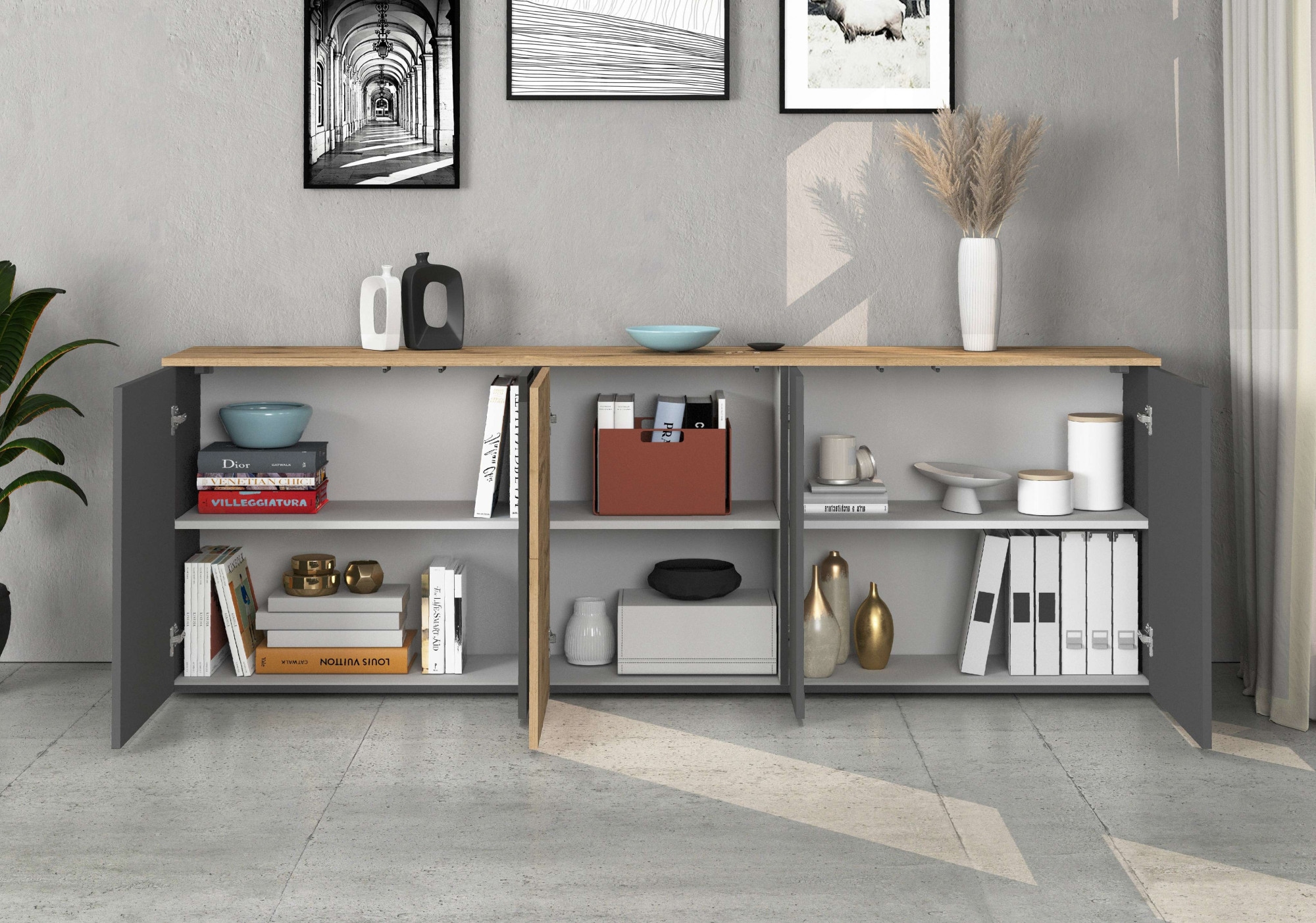 OTTO home Sideboard »ISEO, Kommode, Schrank, Sideboard, Lowboard, 6 Fächer, Breite 200 cm« 1 Stk. tlg. stehend/hängend, 5 Türen, 6 Fächer, Breite 200 cm