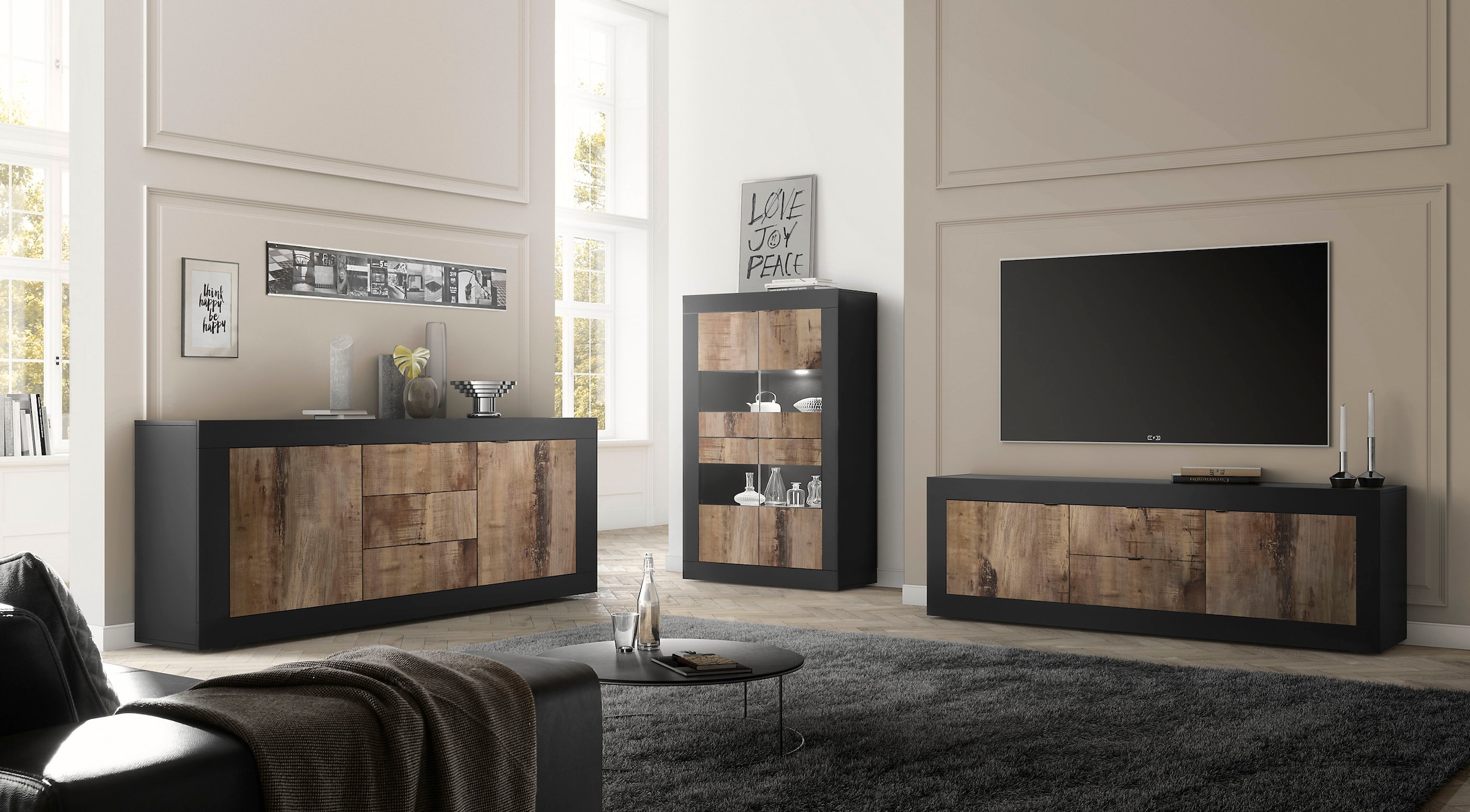 INOSIGN Lowboard »Basic Breite 210 cm, TV-Board 2 Türen, 2 Schubkästen, TV-Schrank«, Metallgriff, moderne Rahmenoptik, viel Stauraum, Farbauswahl