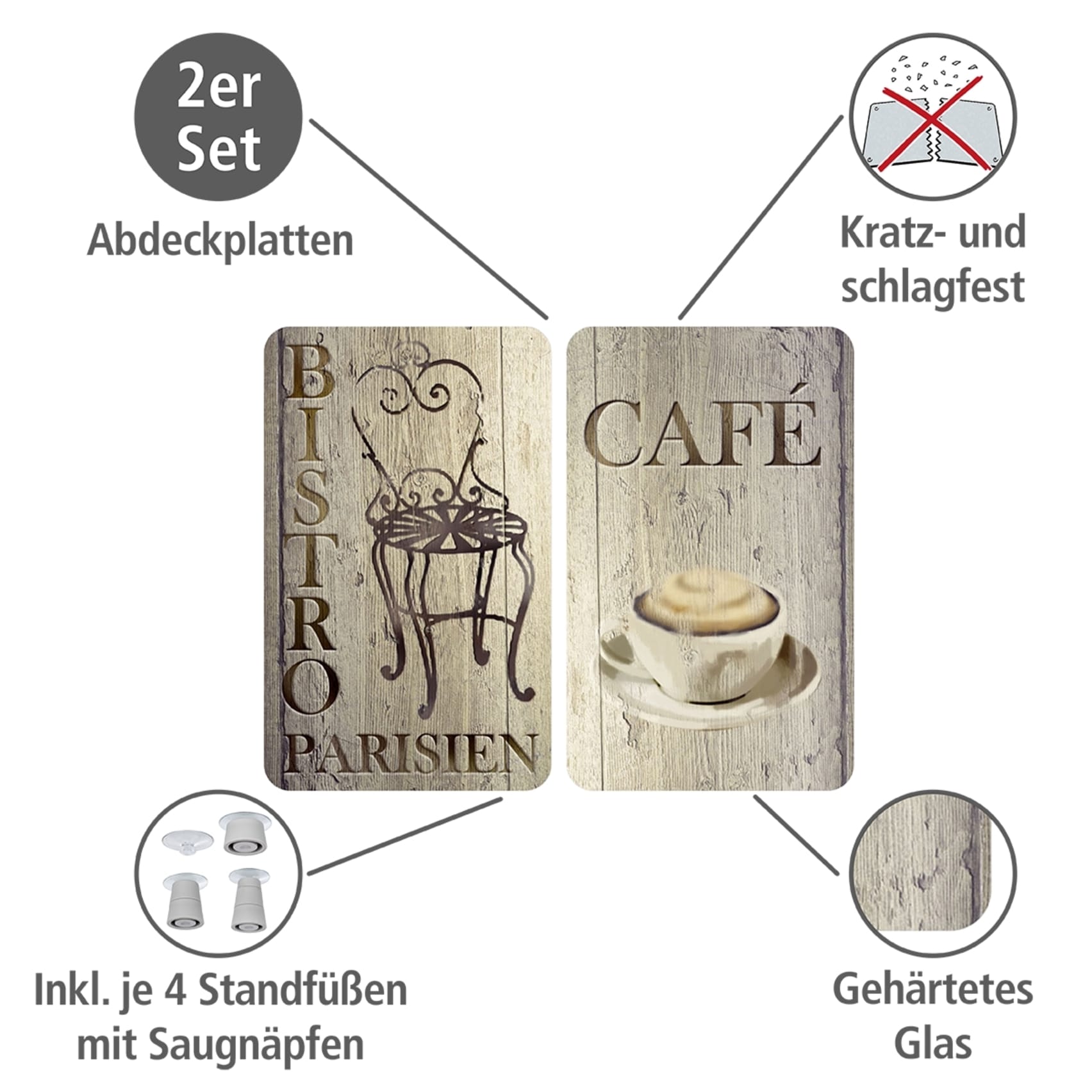 WENKO Herd-Abdeckplatte »Universal Modell Bistro«, (Set, 2 tlg.), Herdabdeckung für alle Herdarten, kratzfest, mit rutschfesten Füßen