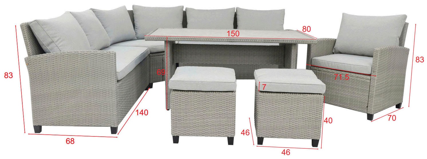 KONIFERA Gartenlounge-Set »Keros Premium XL« Set, 2x 2er Sofa, 1x Ecke, 1x Sessel, 2x Hocker, 1x Tisch, 20 tlg. tlg. bestehend aus 3 Sofas, 1 Sessel, 2 Hocker, 14 Sitzauflagen, 1 Tisch