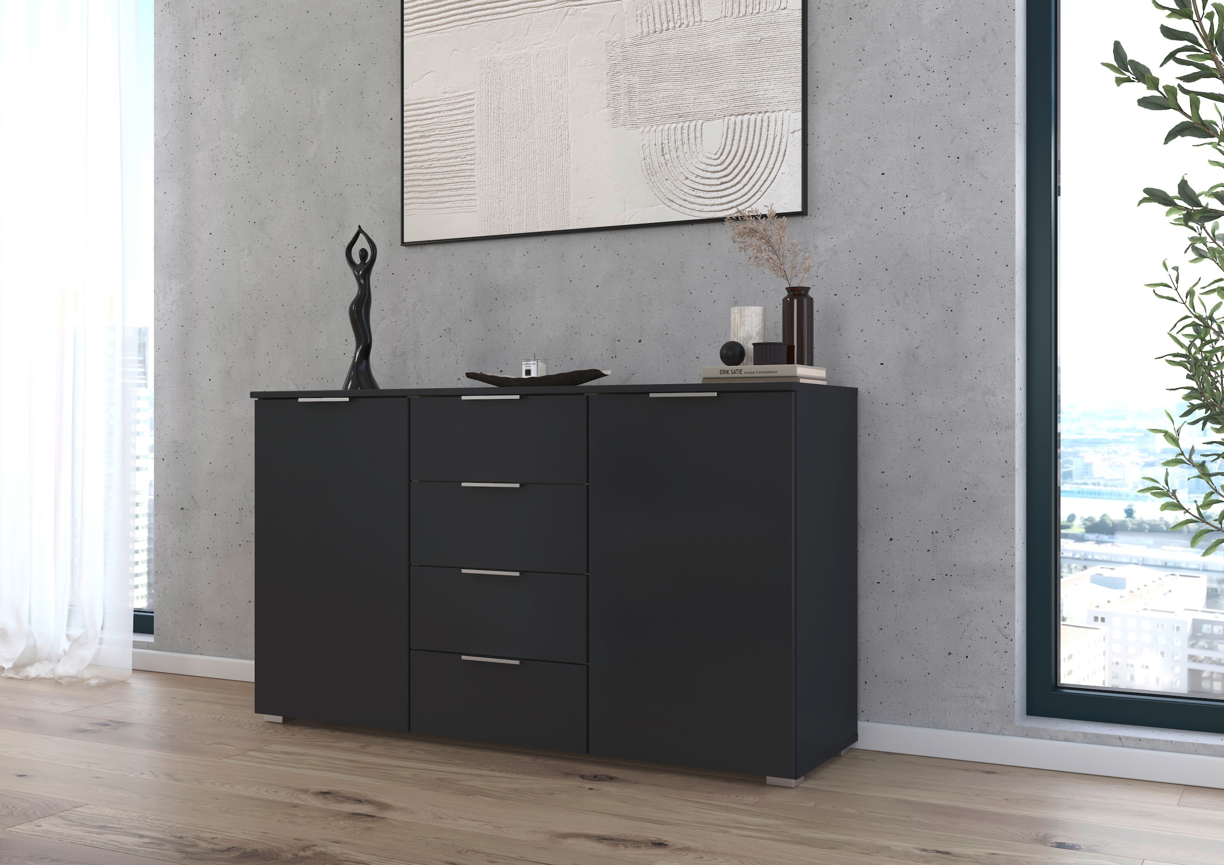 rauch Kombikommode »Sideboard Schubladenkommode AGORDO mit Dekor- oder Hochglanzfront«, (in zwei Griff-Farben, Breite 120 cm), vier große Schubladen, mit insgesamt 4 Einlegeböden MADE IN GERMANY