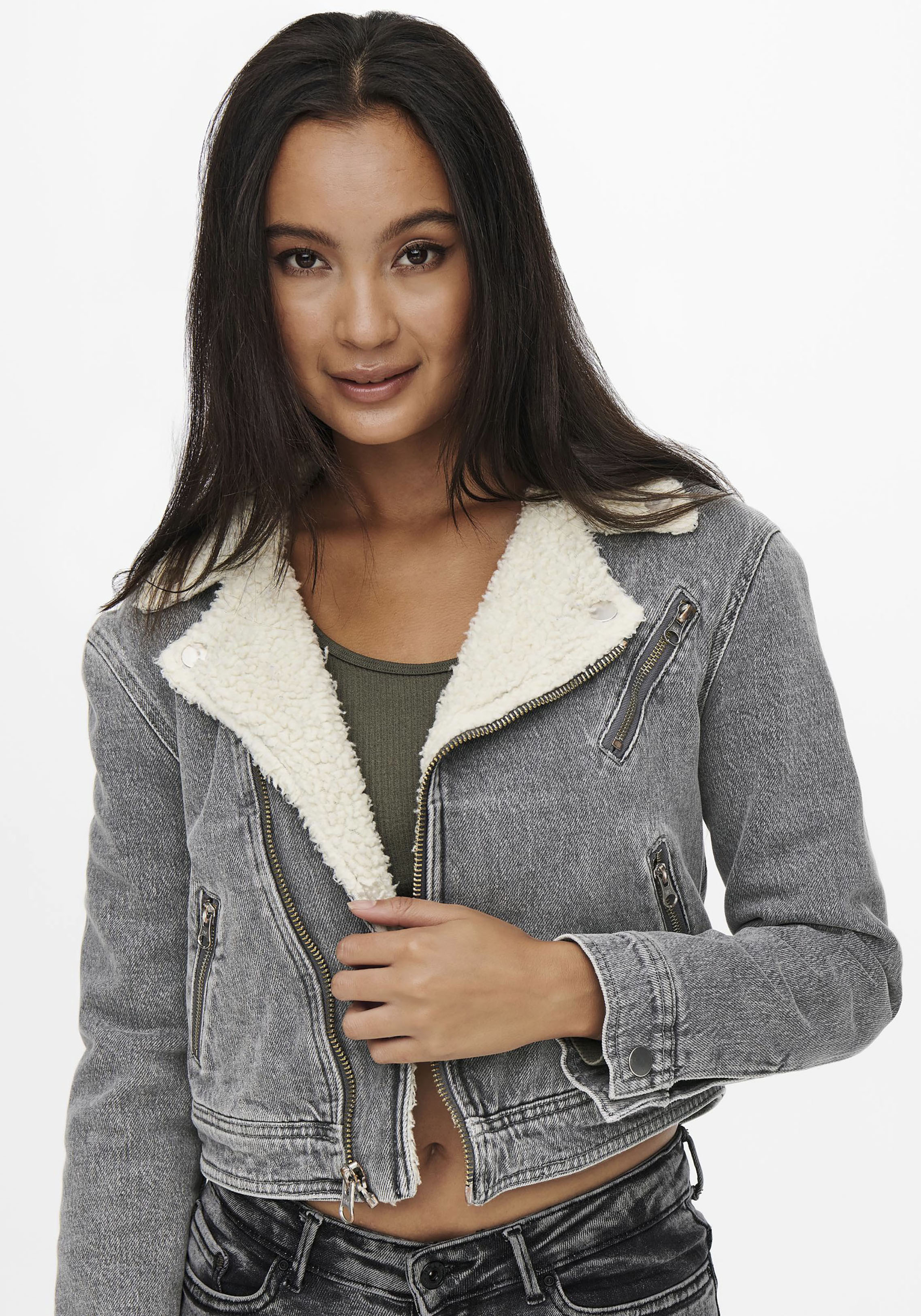 Only Bikerjacke »ONLSTEFFIE DNM BIKER GREY TED JACKET«, mit Biker Details