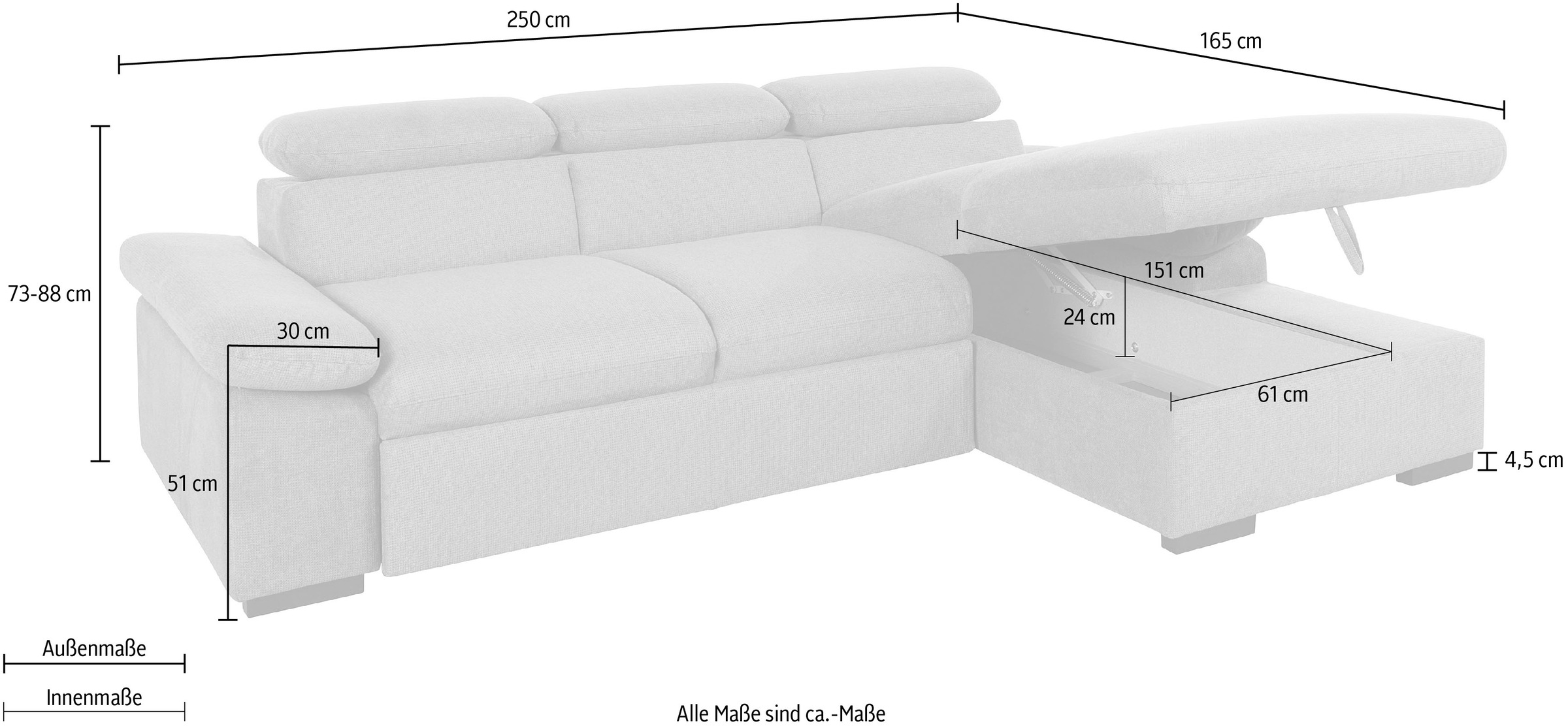 COTTA Ecksofa »Lola L-Form mit Kopfteilfunktion & Hocker«, (Set, mit Hocker), wahlweise mit Bettfunktion, Bettkasten & Armteilverstellung