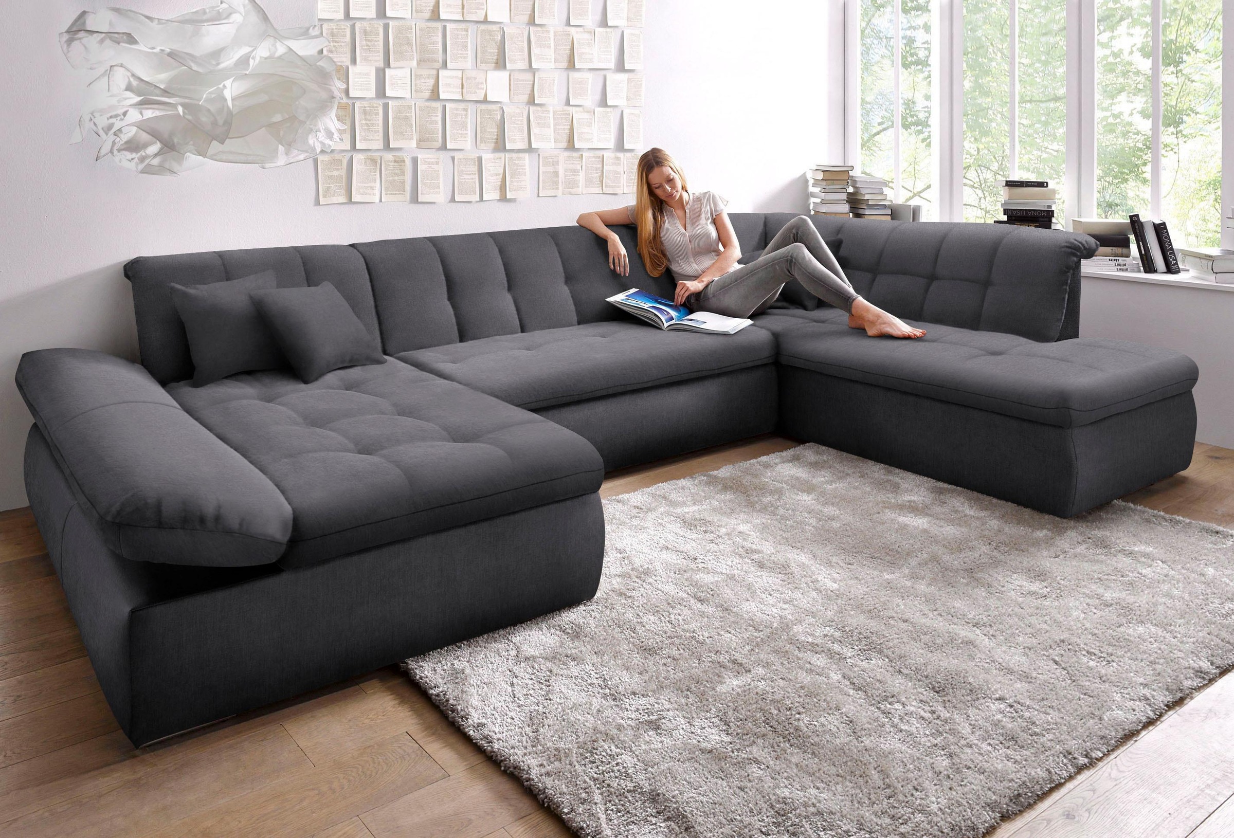 DOMO collection Wohnlandschaft »NMoric im XXL-Format, B/T/H: 353/216/80 cm, incl. Zierkissen U-Form«, wahlweise mit Bettfunktion und Armlehnenverstellung