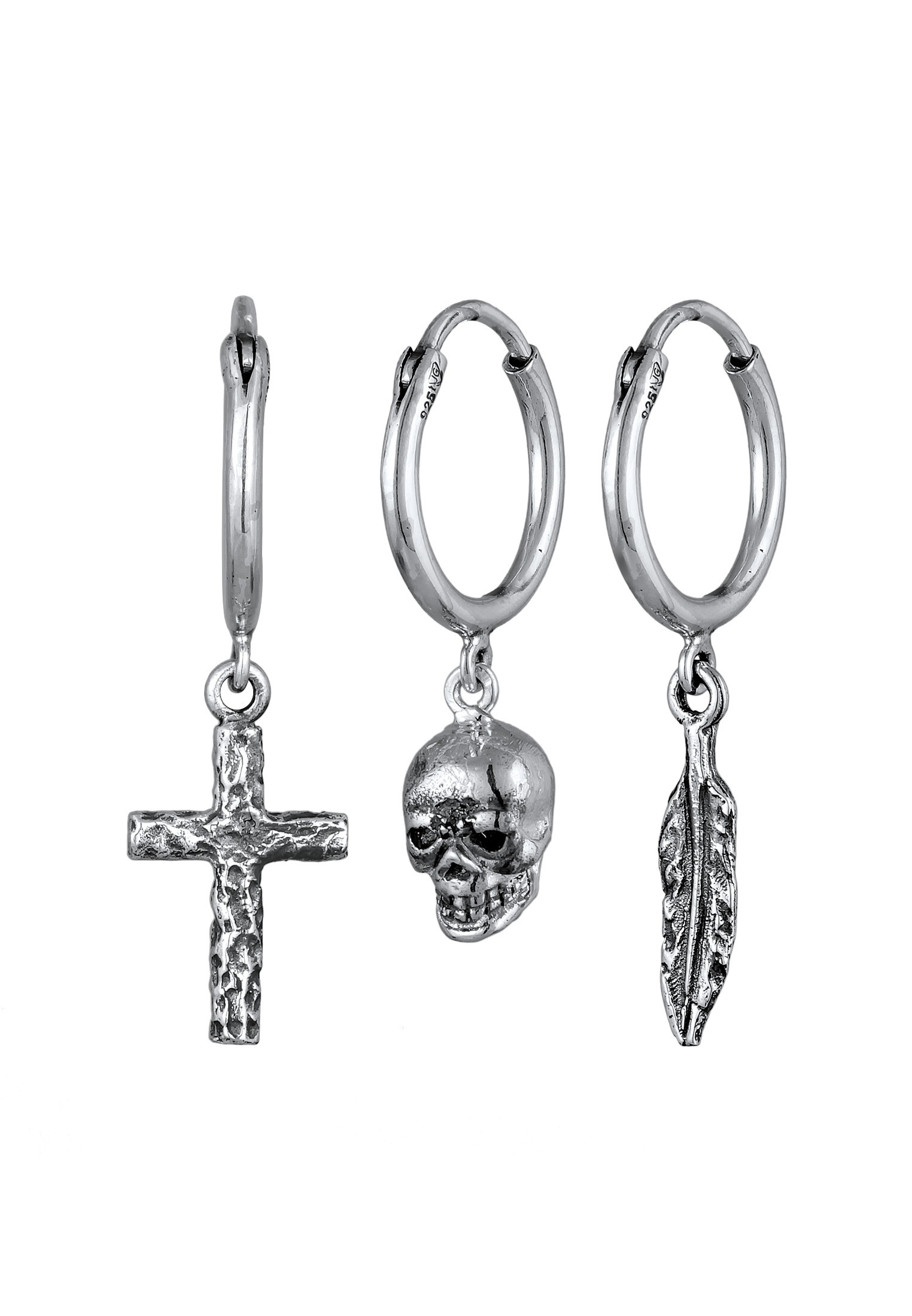 Kuzzoi Paar Creolen »Ohrringe Creolen Set Kreuz Totenkopf Feder 925 Silber«