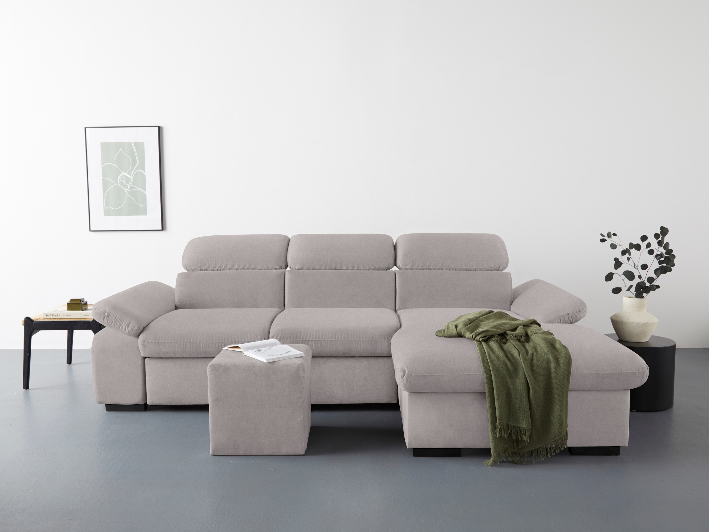 COTTA Ecksofa »Lola L-Form mit Kopfteilfunktion & Hocker«, (Set, mit Hocker), wahlweise mit Bettfunktion, Bettkasten & Armteilverstellung