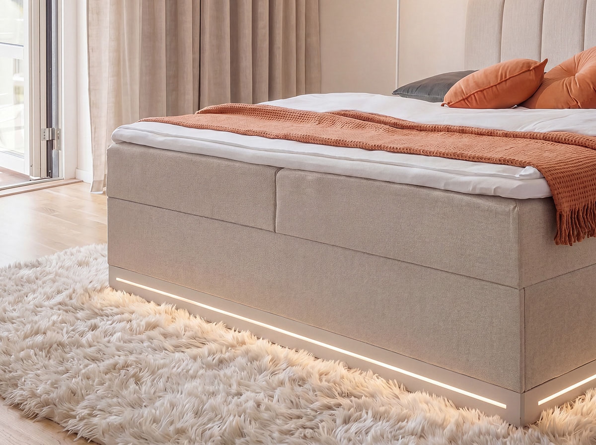 Home affaire Boxbett »WAKKANAI, Polsterbett mit Bettkasten, inkl. Taschfederkernmatratze H3« mit PUR-Schaum-Topper, mit LED-Lichtleiste, LIegefläche 180x200cm