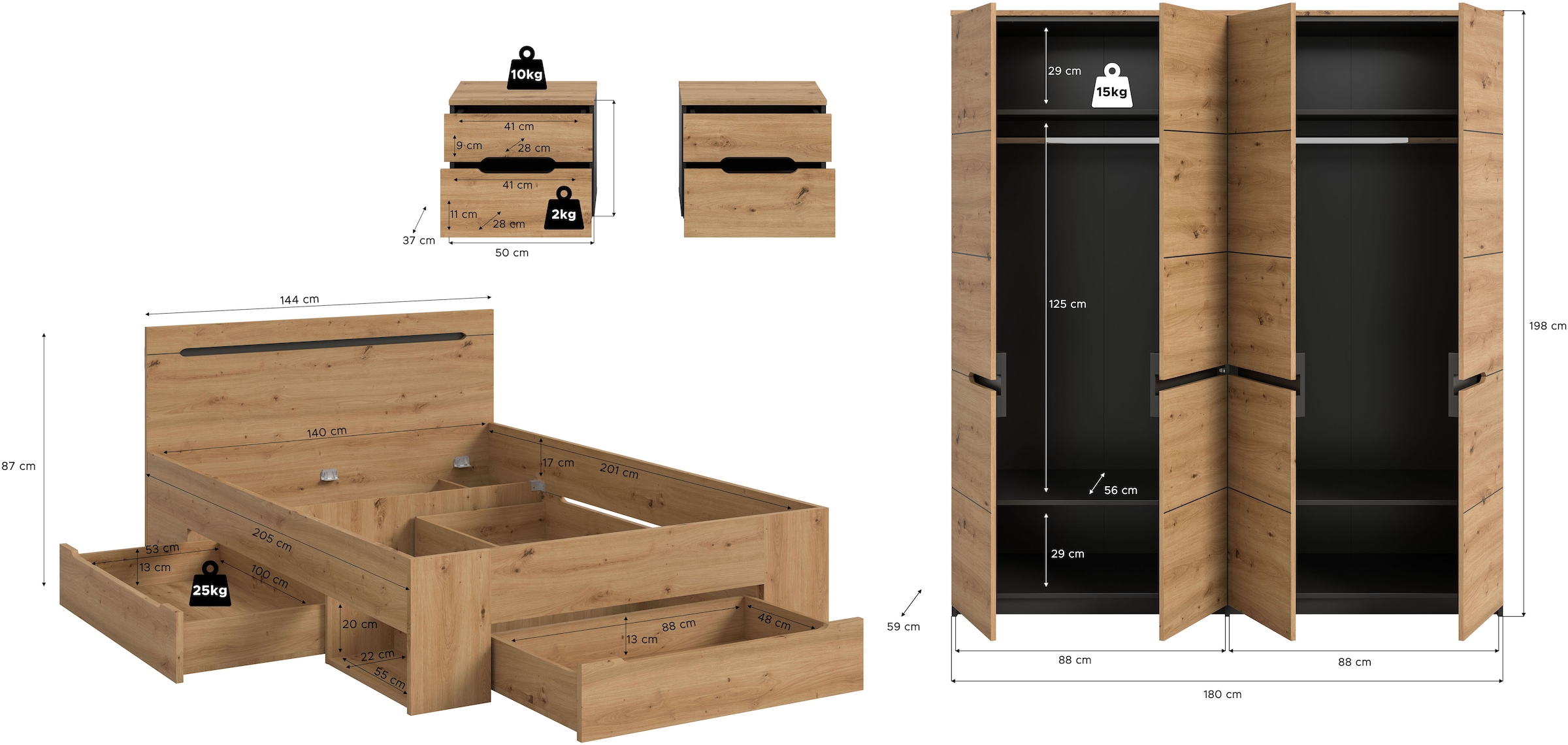 Home affaire Schlafzimmer-Set »REHAT, 4-teilig, best. aus: Bett, Kleiderschrank & 2x Nachtkommode« TOPSELLER!, für Matratzengröße 140x200 cm, viel Stauraum, 
