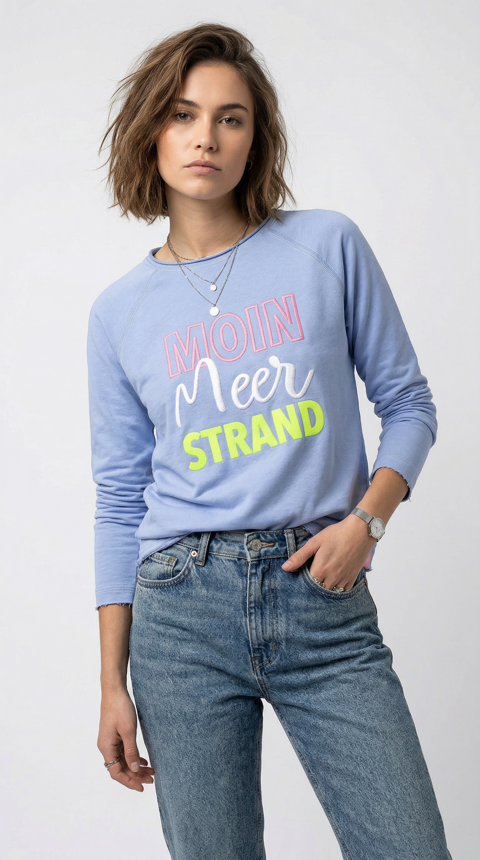 Zwillingsherz Hoodie »"Moin Meer Strand"«, mit Used-Look Kanten und maritimer Stickerei
