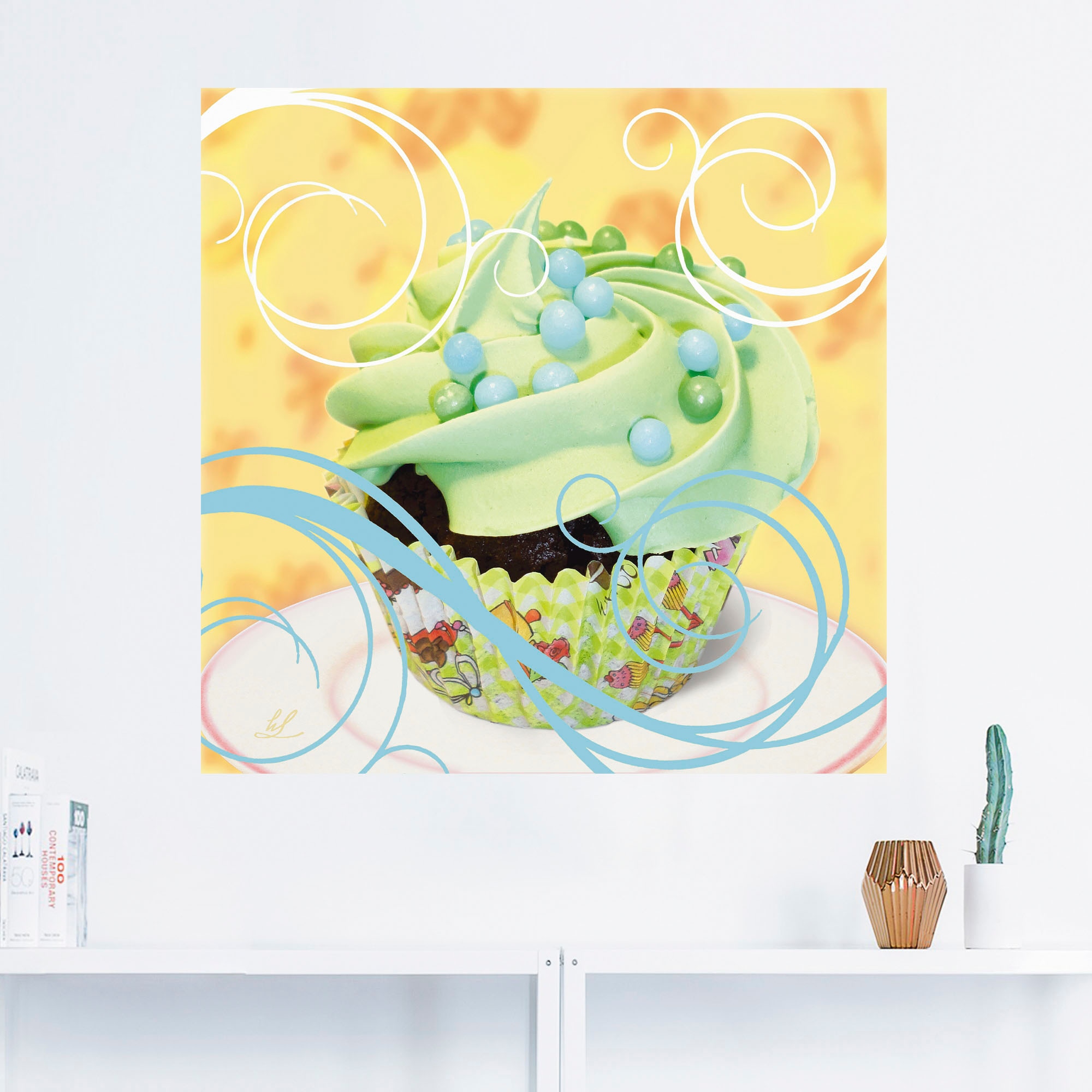 Artland Wandbild »Cupcake auf gelb - Kuchen«, Süßspeisen, (1 St.), als Alubild, Leinwandbild, Wandaufkleber oder Poster in versch. Größen