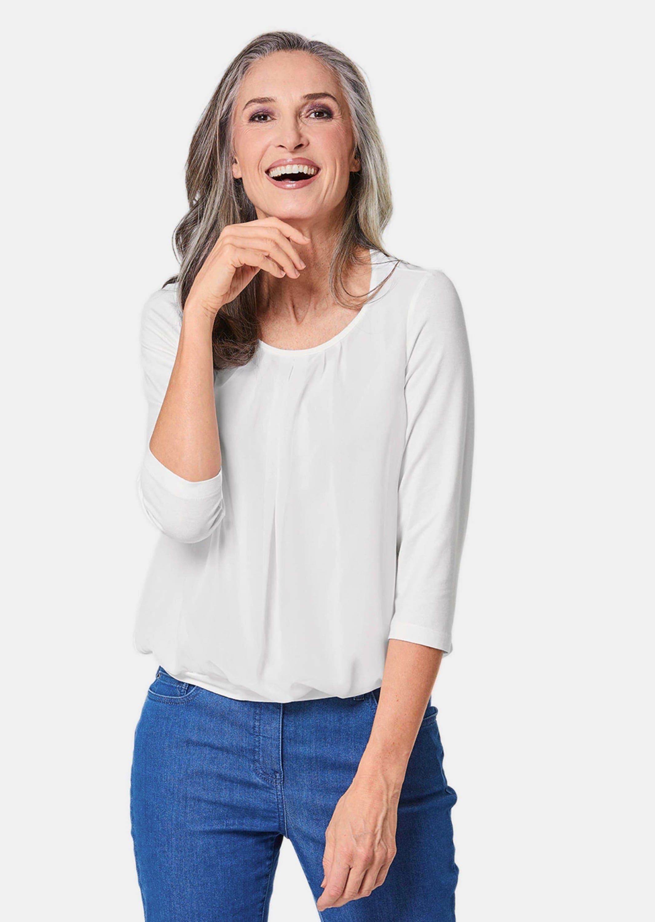 GOLDNER Kurzarmbluse »Kurzgröße Chiffon-Shirt mit 3/4-Arm, Rundhals«