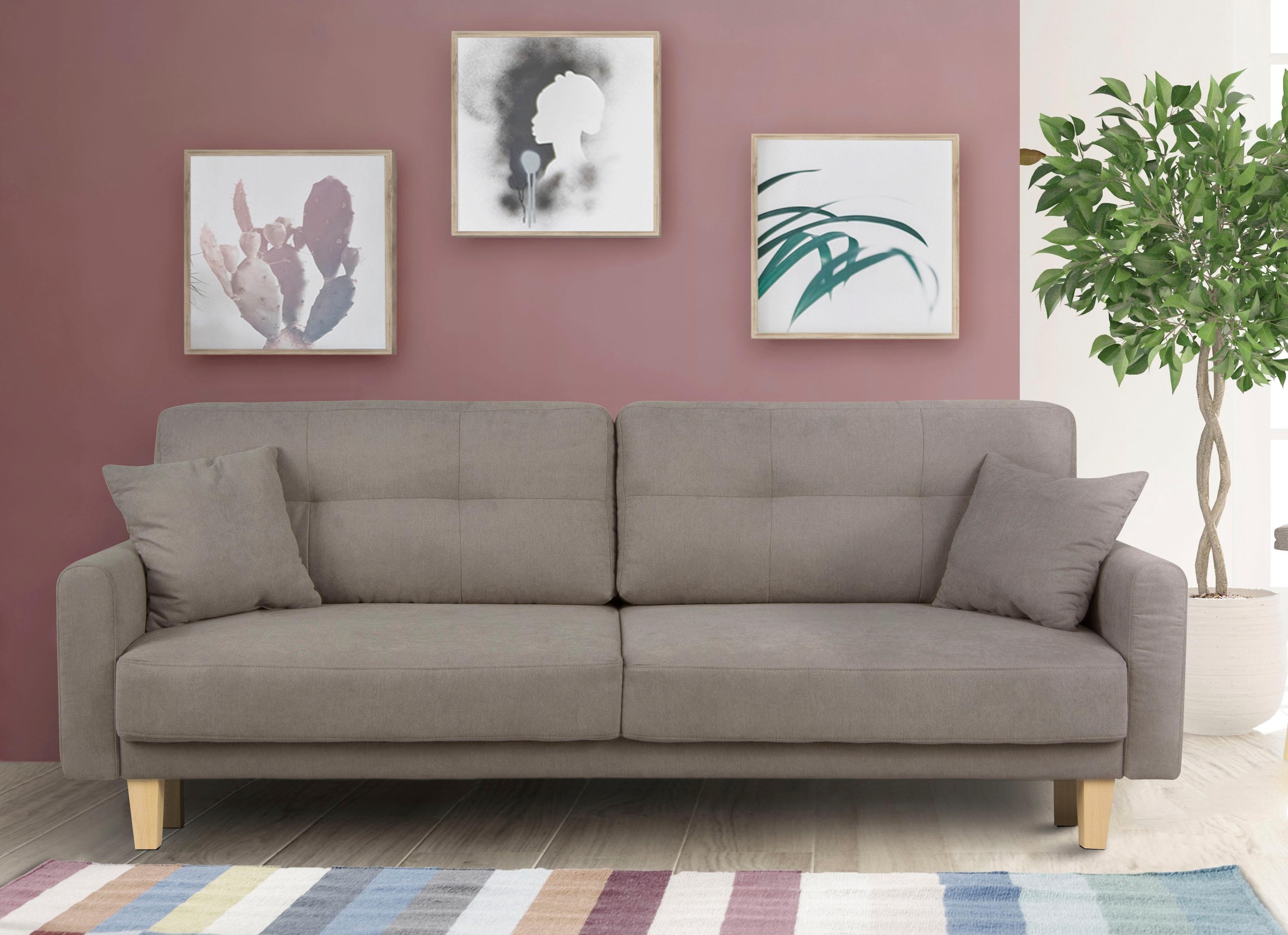 Home affaire 3-Sitzer »TRIPLO optionale Schlafsofa mit Bettkasten, Maße B/T/H: 215/100/89 cm« Wahlweise Bettfunktion - Liegefläche 145x191 cm, Rücken-, Zierkissen