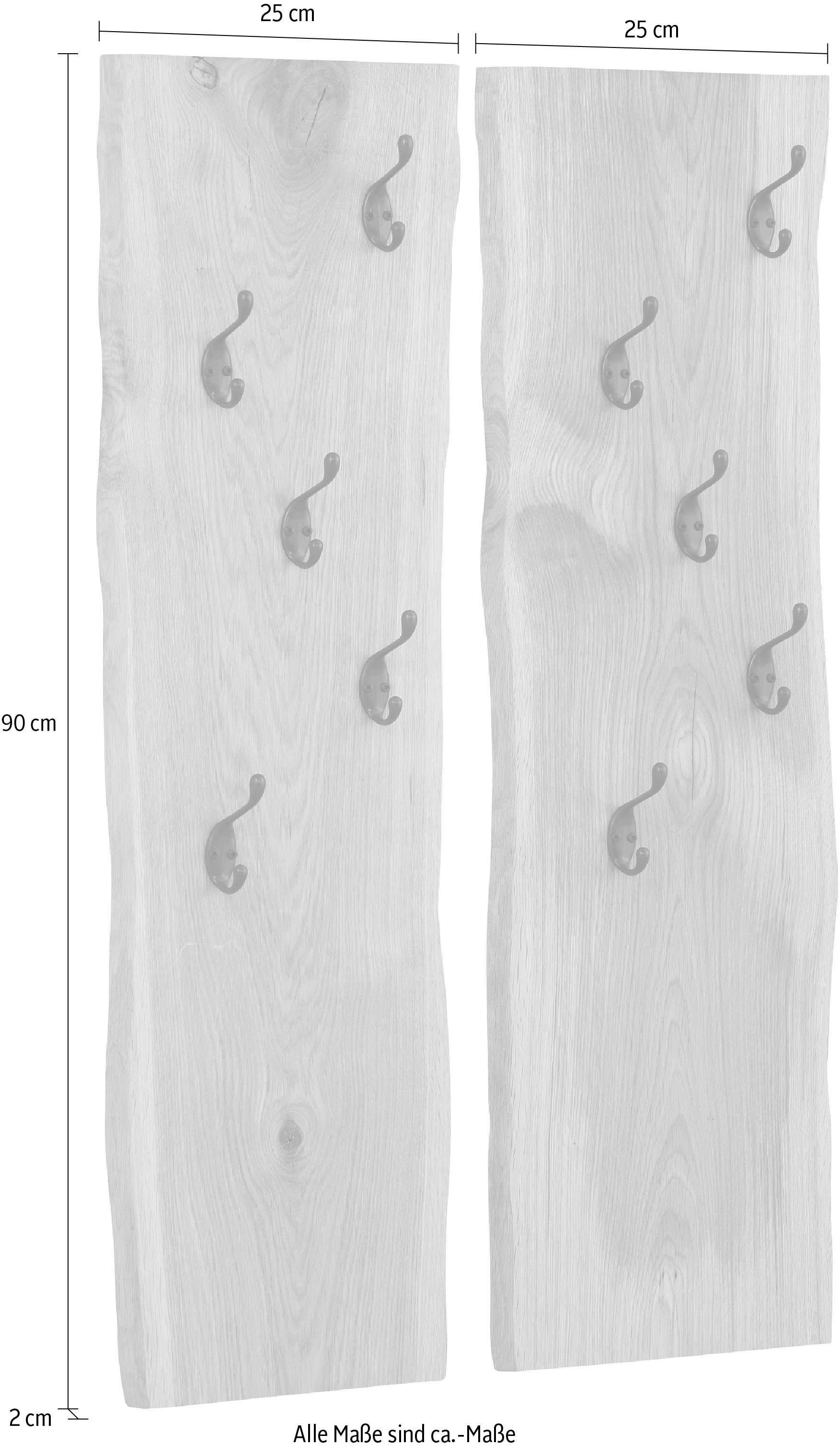 Home affaire Garderobenpaneel »Brodi« Maße pro Paneel (B/T/H): 25/2/90 cm,  aus massiver Eiche in Wellenform, 2er-Set mit je 5 Metallhaken