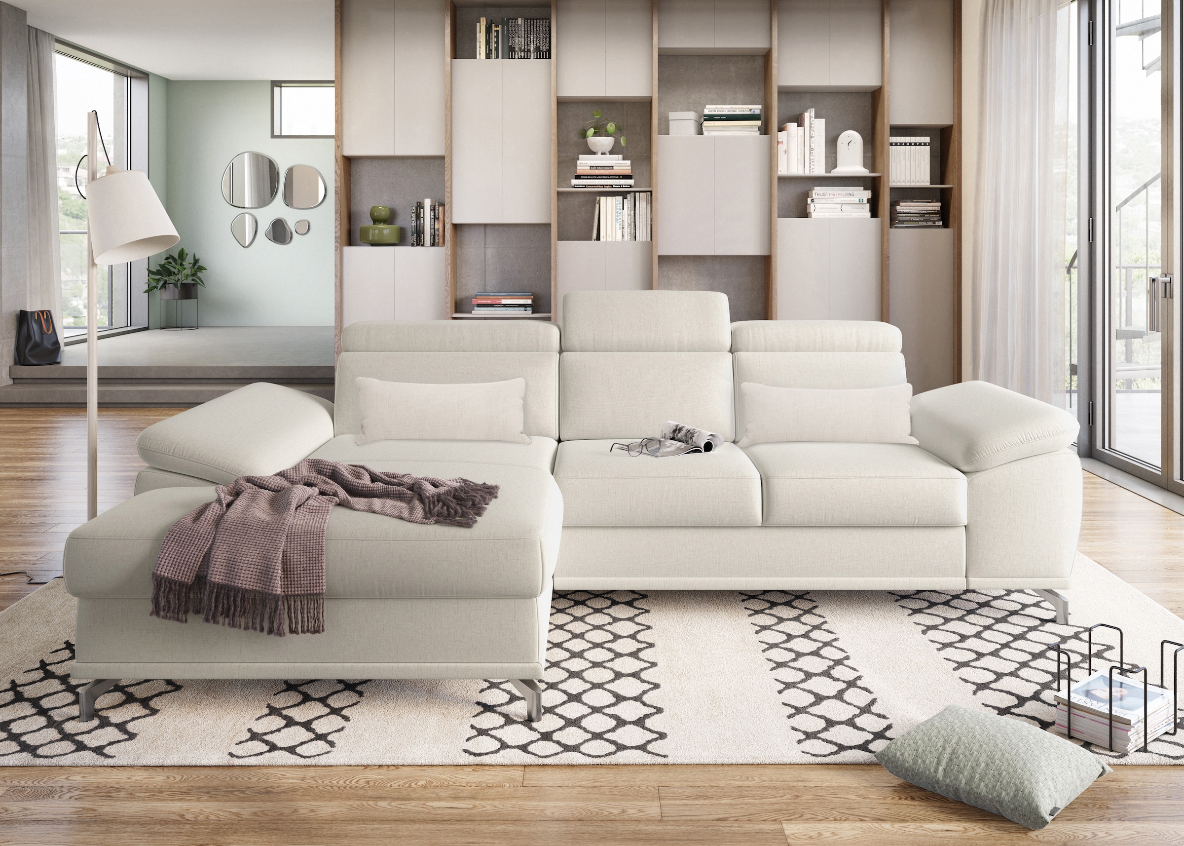 sit&more Ecksofa »Cabrio L-Form, mit Sitztiefenverstellung, Arm- und Kopfteilverstellung«, 2 Nierenkissen, Federkern, optional Bettfunktion und Stauraum