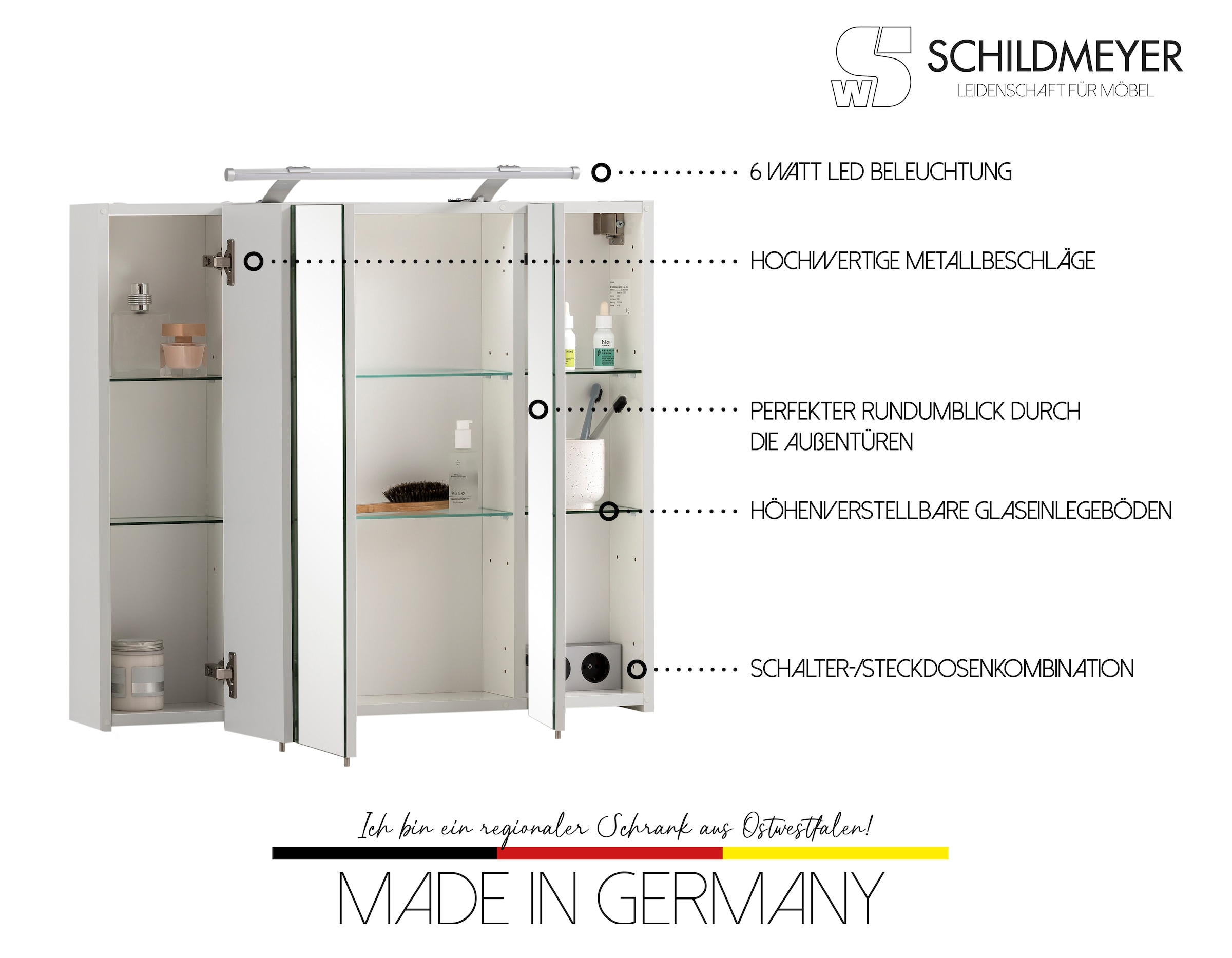 Schildmeyer Spiegelschrank »Dorina, mit höhenverstellbaren Glasböden made in Germany«, Breite 70 cm, 3-türig, LED-Beleuchtung, Schalter-/Steckdosenbox