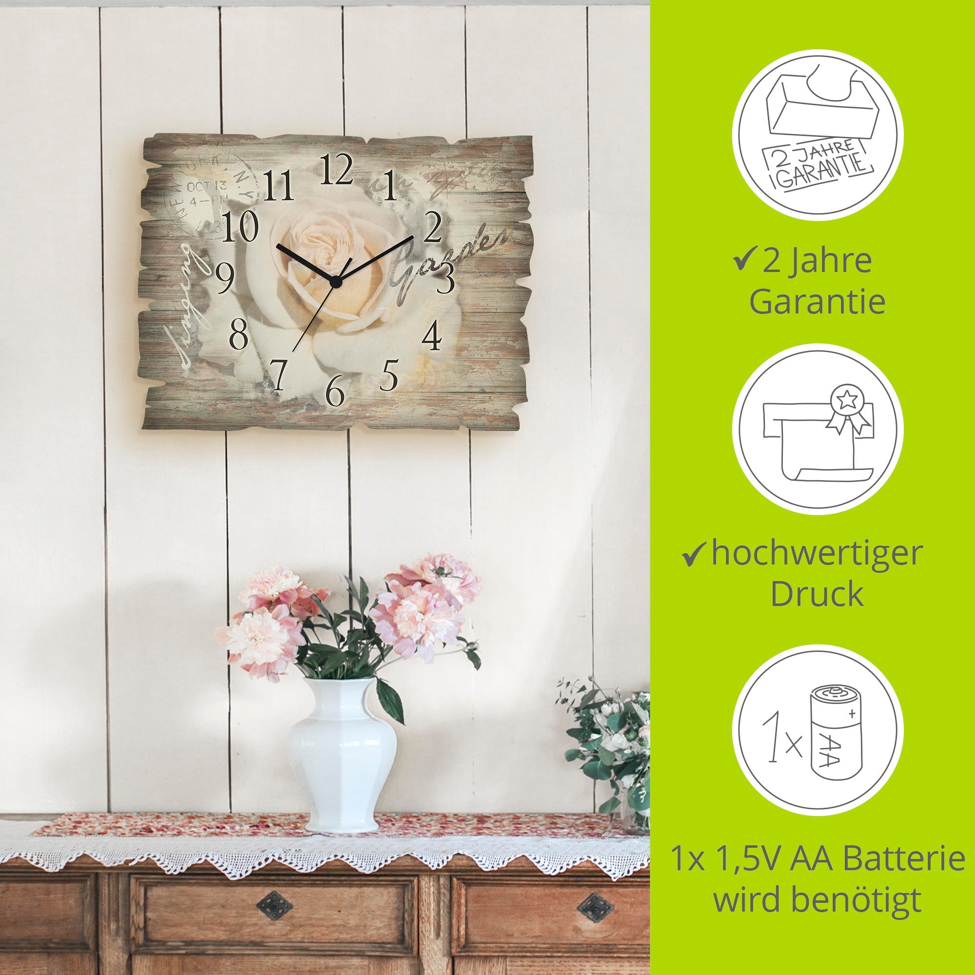 Artland Wanduhr »In Buchstaben - Rose« wahlweise mit Quarz- oder Funkuhrwerk, lautlos ohne Tickgeräusche